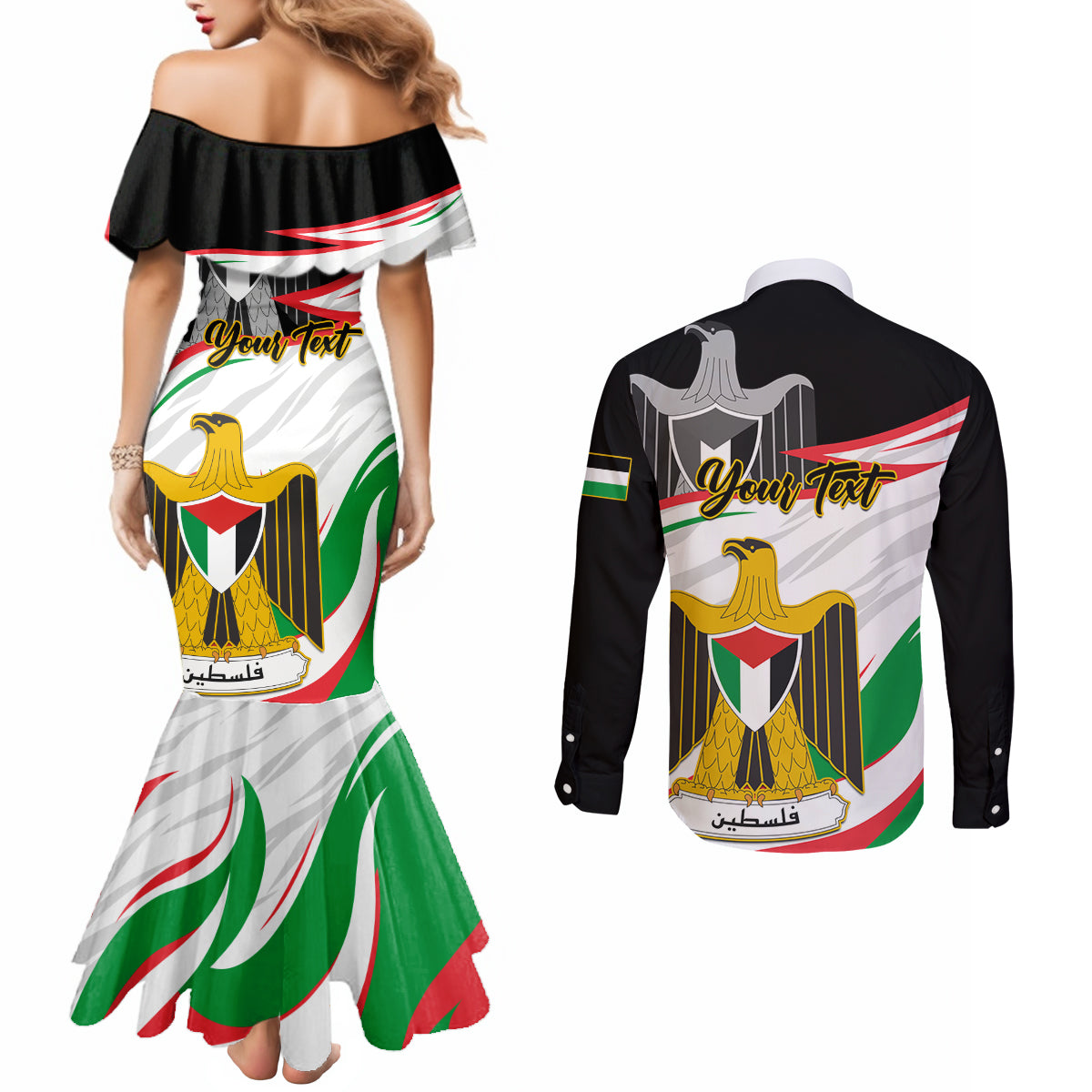 personalised-palestine-independence-day-couples-matching-mermaid-dress-and-long-sleeve-button-shirt-palestinian-coat-of-arms-special-version