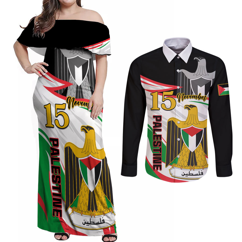 Personalised Palestine Independence Day Couples Matching Off Shoulder Maxi Dress and Long Sleeve Button Shirt Palestinian Coat Of Arms Special Version - Wonder Print Shop