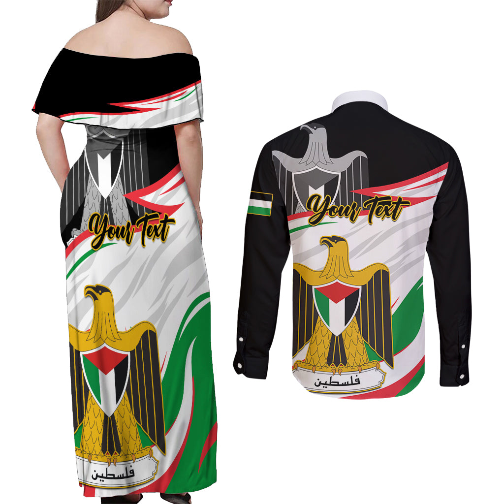 Personalised Palestine Independence Day Couples Matching Off Shoulder Maxi Dress and Long Sleeve Button Shirt Palestinian Coat Of Arms Special Version - Wonder Print Shop