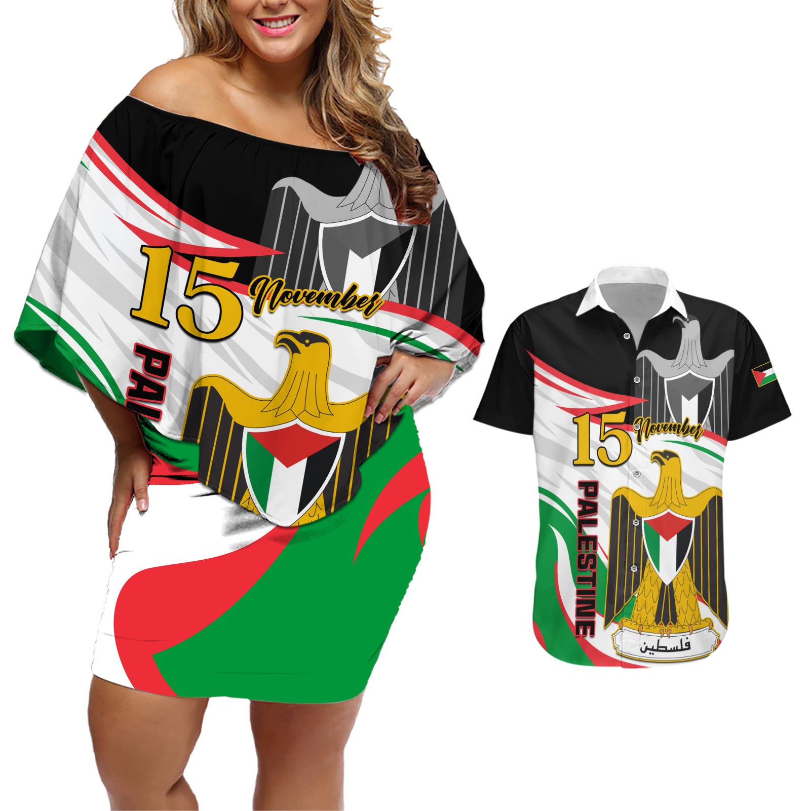 Personalised Palestine Independence Day Couples Matching Off Shoulder Short Dress and Hawaiian Shirt Palestinian Coat Of Arms Special Version - Wonder Print Shop