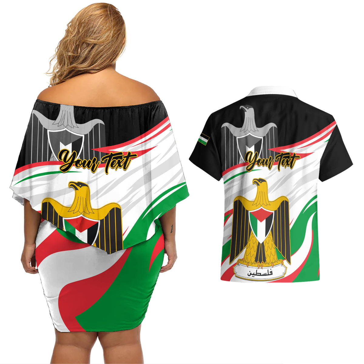 Personalised Palestine Independence Day Couples Matching Off Shoulder Short Dress and Hawaiian Shirt Palestinian Coat Of Arms Special Version - Wonder Print Shop