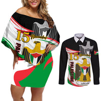 Personalised Palestine Independence Day Couples Matching Off Shoulder Short Dress and Long Sleeve Button Shirt Palestinian Coat Of Arms Special Version - Wonder Print Shop