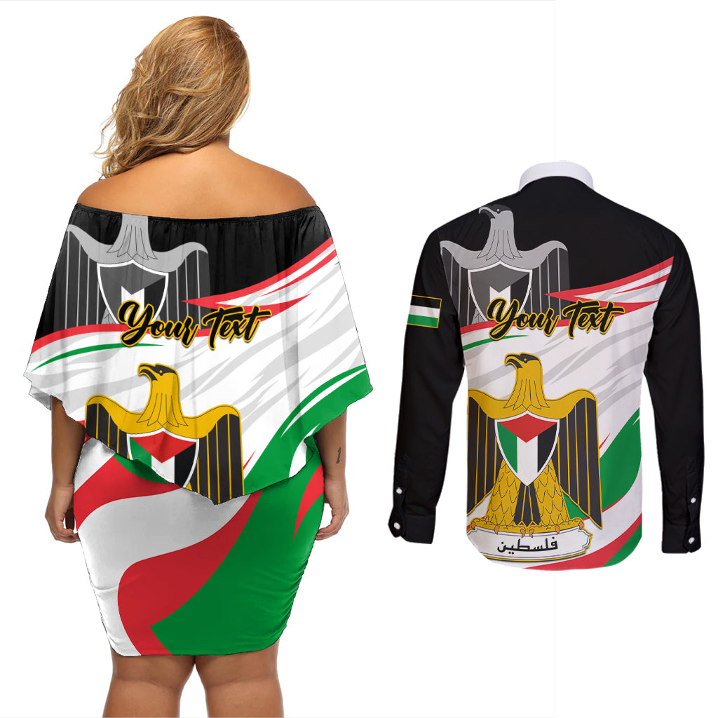 Personalised Palestine Independence Day Couples Matching Off Shoulder Short Dress and Long Sleeve Button Shirt Palestinian Coat Of Arms Special Version - Wonder Print Shop