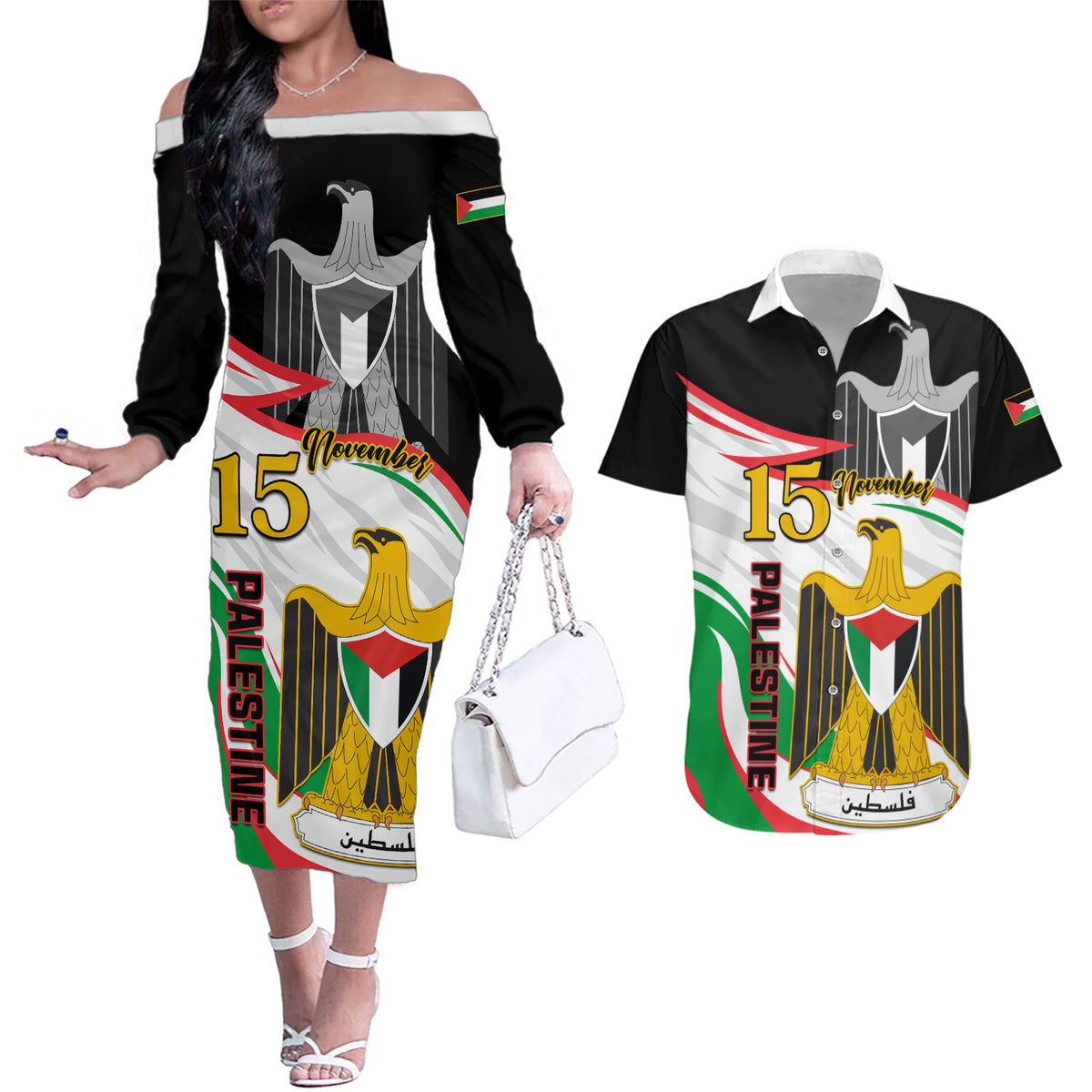 Personalised Palestine Independence Day Couples Matching Off The Shoulder Long Sleeve Dress and Hawaiian Shirt Palestinian Coat Of Arms Special Version - Wonder Print Shop