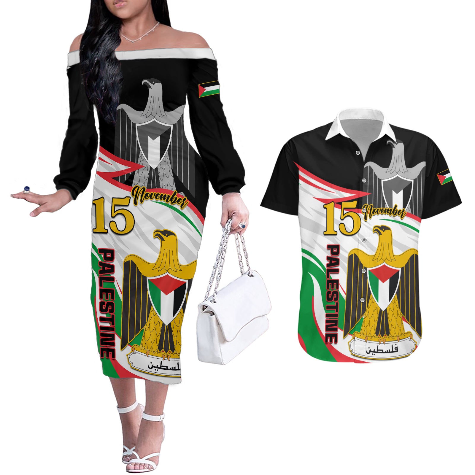 Personalised Palestine Independence Day Couples Matching Off The Shoulder Long Sleeve Dress and Hawaiian Shirt Palestinian Coat Of Arms Special Version - Wonder Print Shop