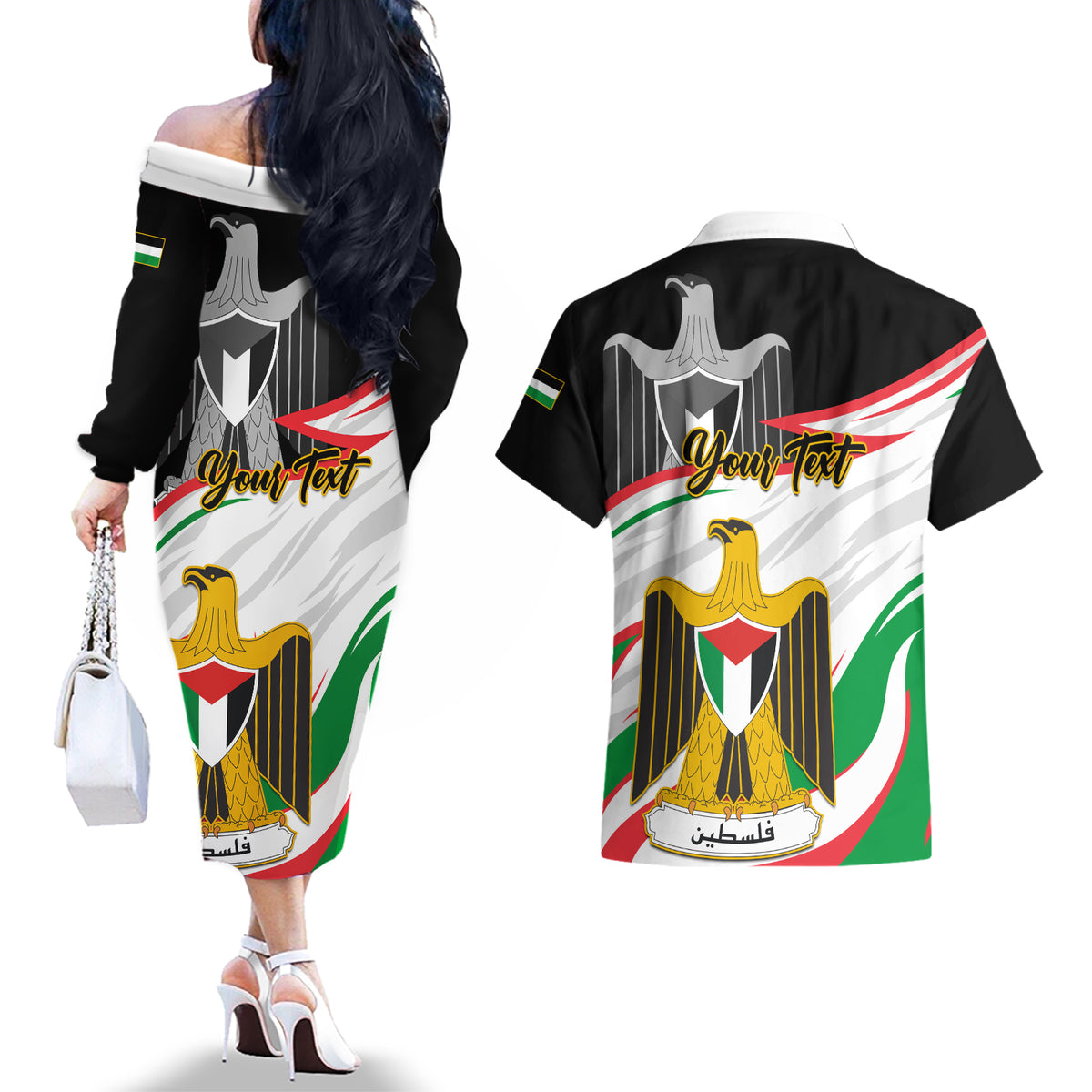 Personalised Palestine Independence Day Couples Matching Off The Shoulder Long Sleeve Dress and Hawaiian Shirt Palestinian Coat Of Arms Special Version - Wonder Print Shop