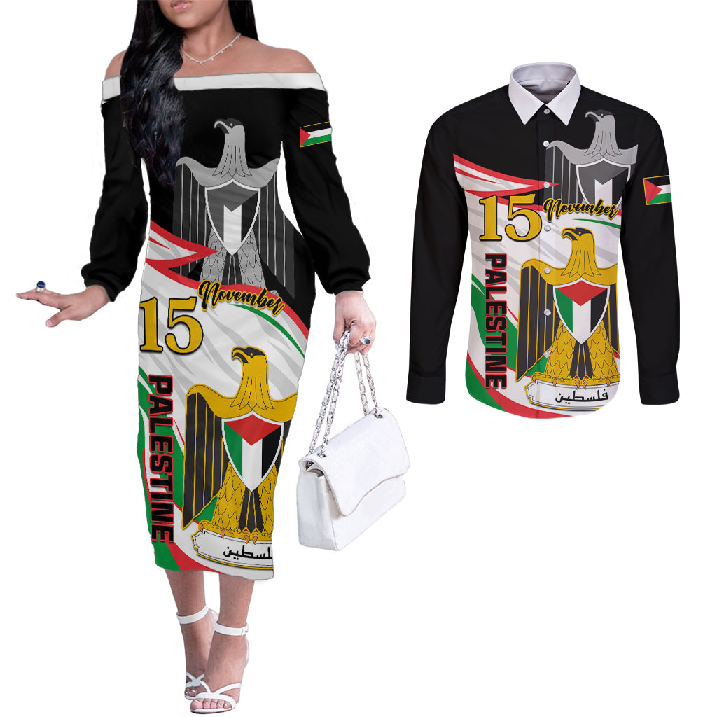 personalised-palestine-independence-day-couples-matching-off-the-shoulder-long-sleeve-dress-and-long-sleeve-button-shirt-palestinian-coat-of-arms-special-version