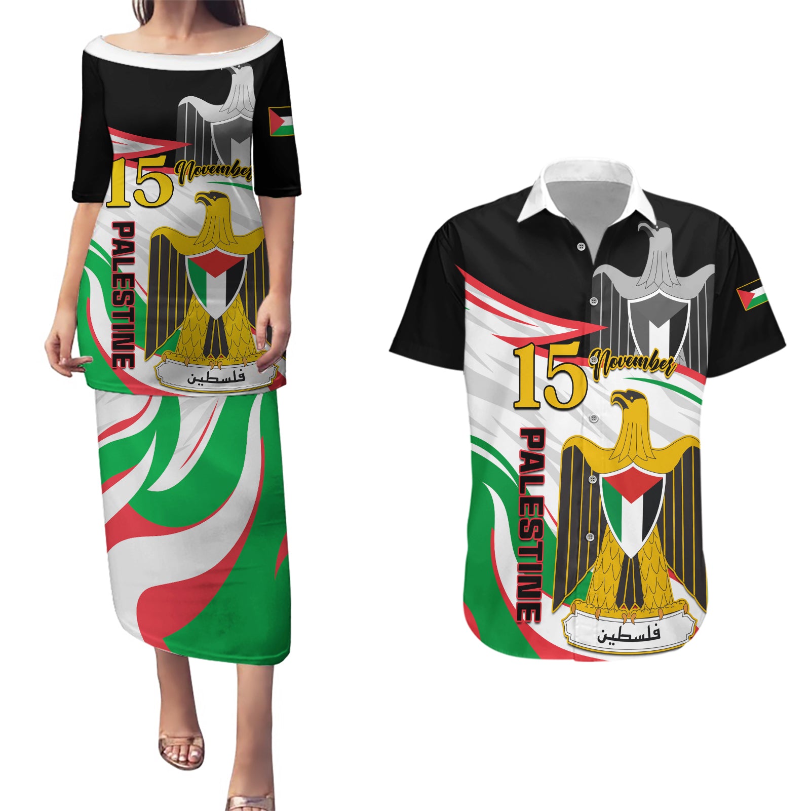 Personalised Palestine Independence Day Couples Matching Puletasi Dress and Hawaiian Shirt Palestinian Coat Of Arms Special Version - Wonder Print Shop