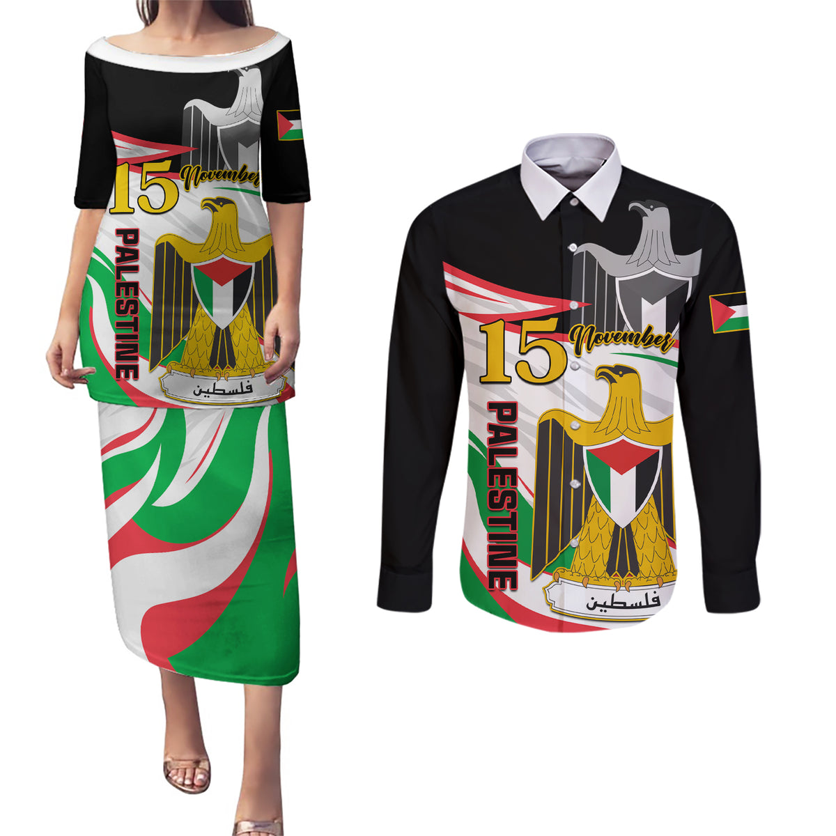 Personalised Palestine Independence Day Couples Matching Puletasi Dress and Long Sleeve Button Shirt Palestinian Coat Of Arms Special Version - Wonder Print Shop
