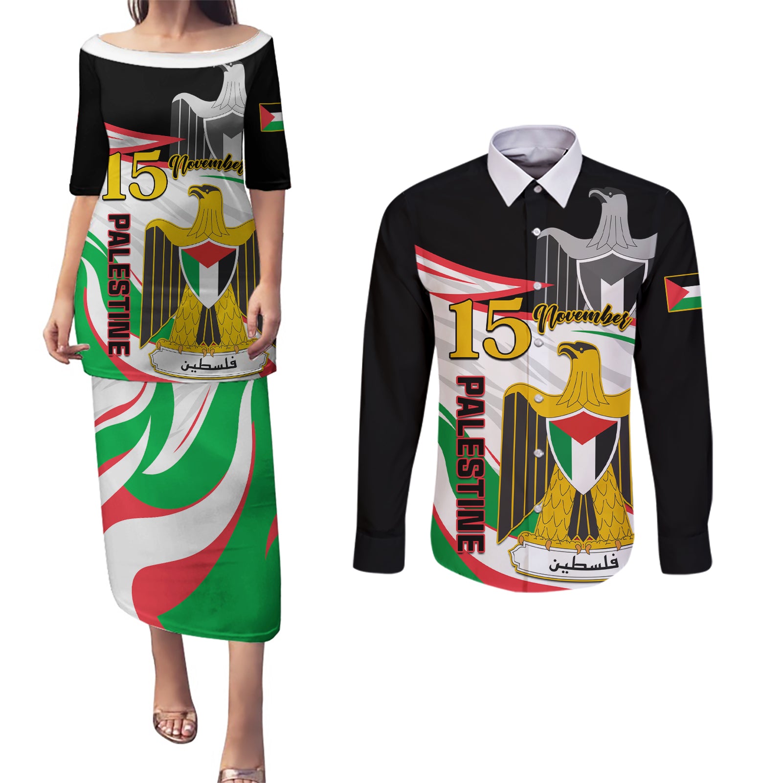 Personalised Palestine Independence Day Couples Matching Puletasi Dress and Long Sleeve Button Shirt Palestinian Coat Of Arms Special Version - Wonder Print Shop