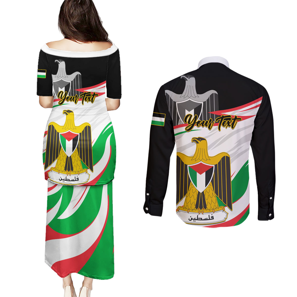 Personalised Palestine Independence Day Couples Matching Puletasi Dress and Long Sleeve Button Shirt Palestinian Coat Of Arms Special Version - Wonder Print Shop