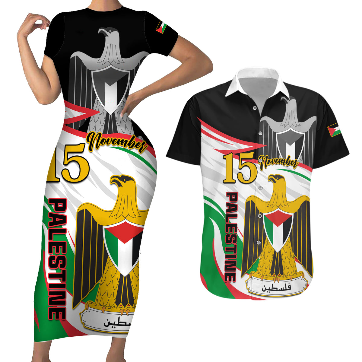 Personalised Palestine Independence Day Couples Matching Short Sleeve Bodycon Dress and Hawaiian Shirt Palestinian Coat Of Arms Special Version - Wonder Print Shop