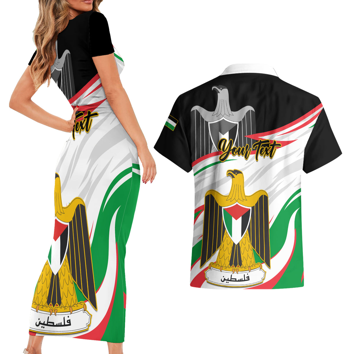 Personalised Palestine Independence Day Couples Matching Short Sleeve Bodycon Dress and Hawaiian Shirt Palestinian Coat Of Arms Special Version - Wonder Print Shop