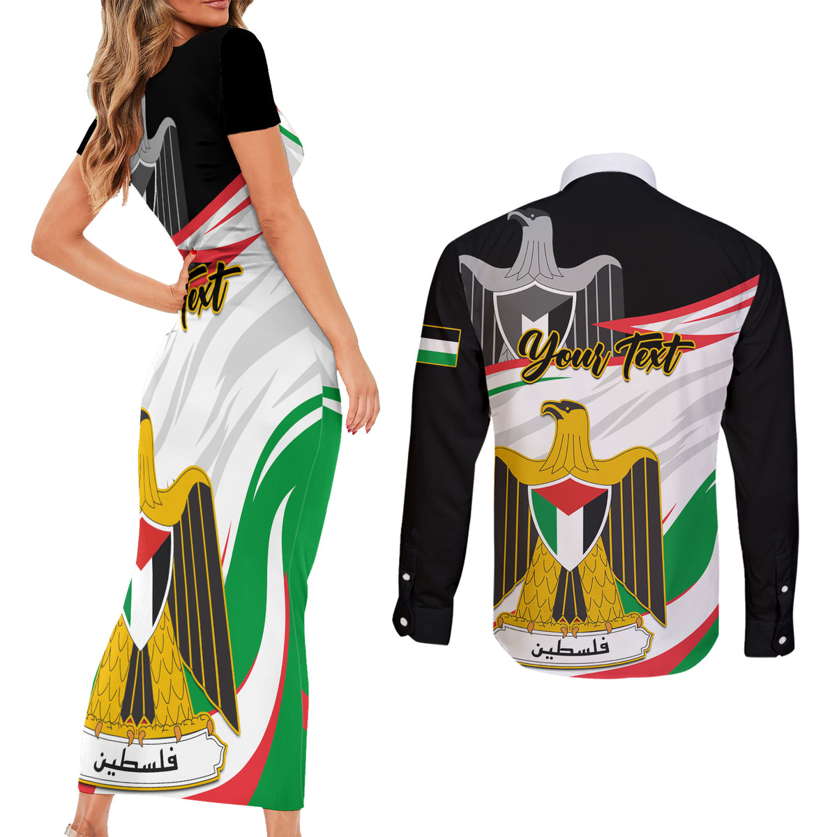 Personalised Palestine Independence Day Couples Matching Short Sleeve Bodycon Dress and Long Sleeve Button Shirt Palestinian Coat Of Arms Special Version - Wonder Print Shop