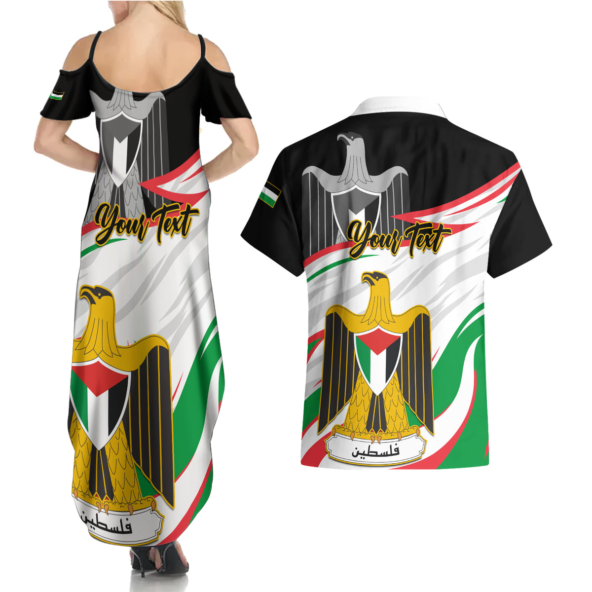 Personalised Palestine Independence Day Couples Matching Summer Maxi Dress and Hawaiian Shirt Palestinian Coat Of Arms Special Version - Wonder Print Shop