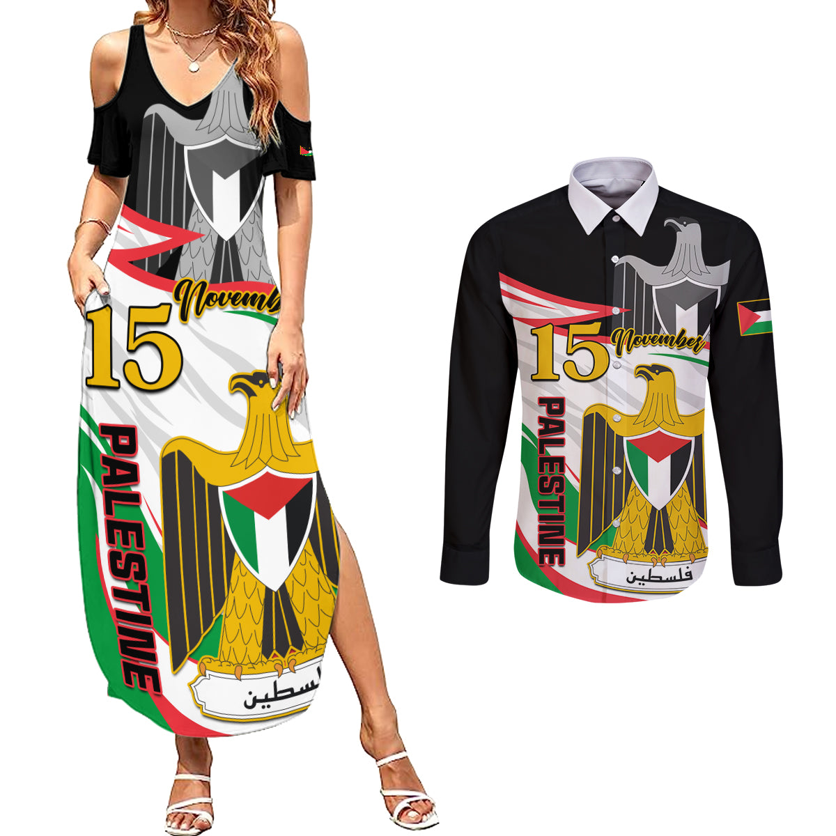 Personalised Palestine Independence Day Couples Matching Summer Maxi Dress and Long Sleeve Button Shirt Palestinian Coat Of Arms Special Version - Wonder Print Shop