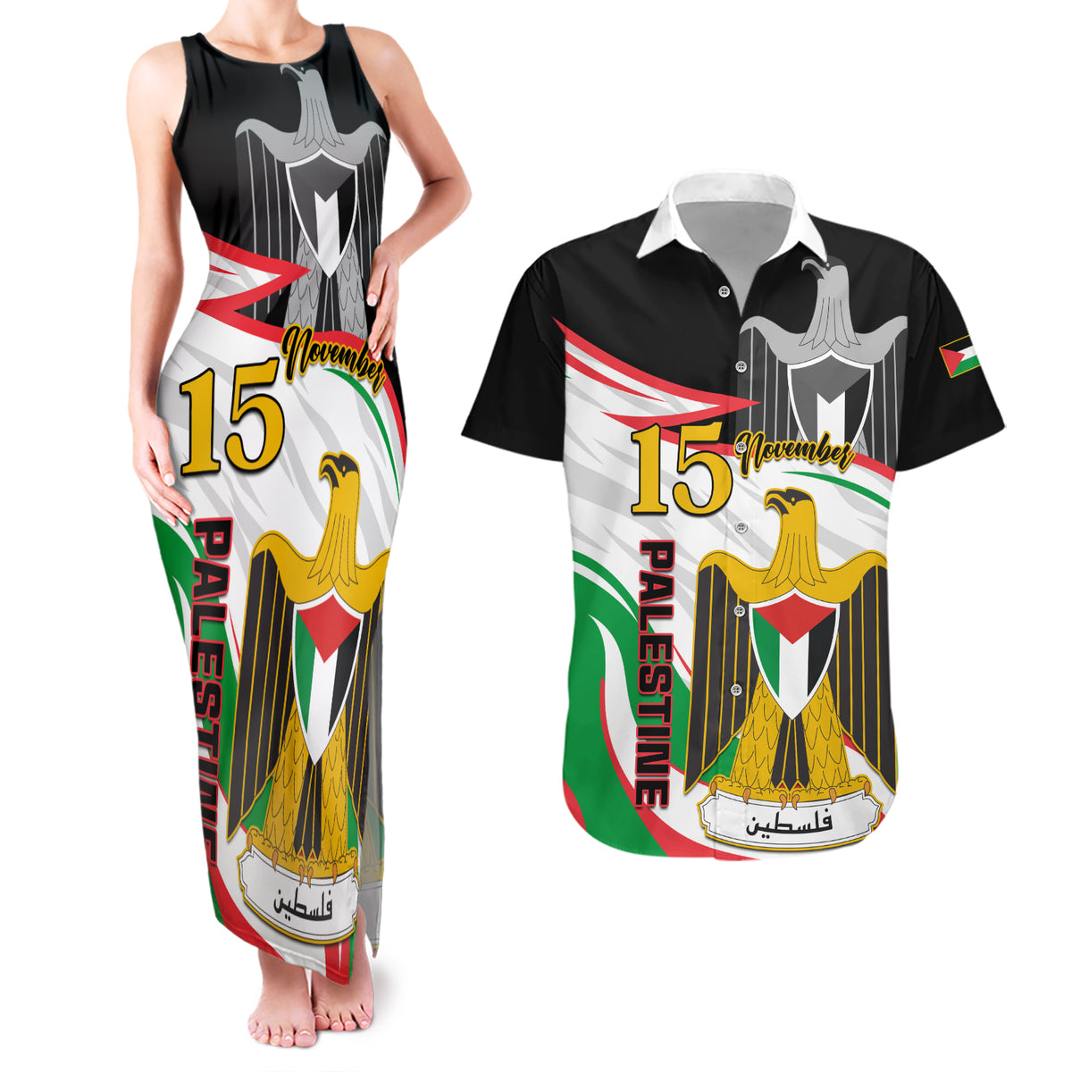 Personalised Palestine Independence Day Couples Matching Tank Maxi Dress and Hawaiian Shirt Palestinian Coat Of Arms Special Version - Wonder Print Shop