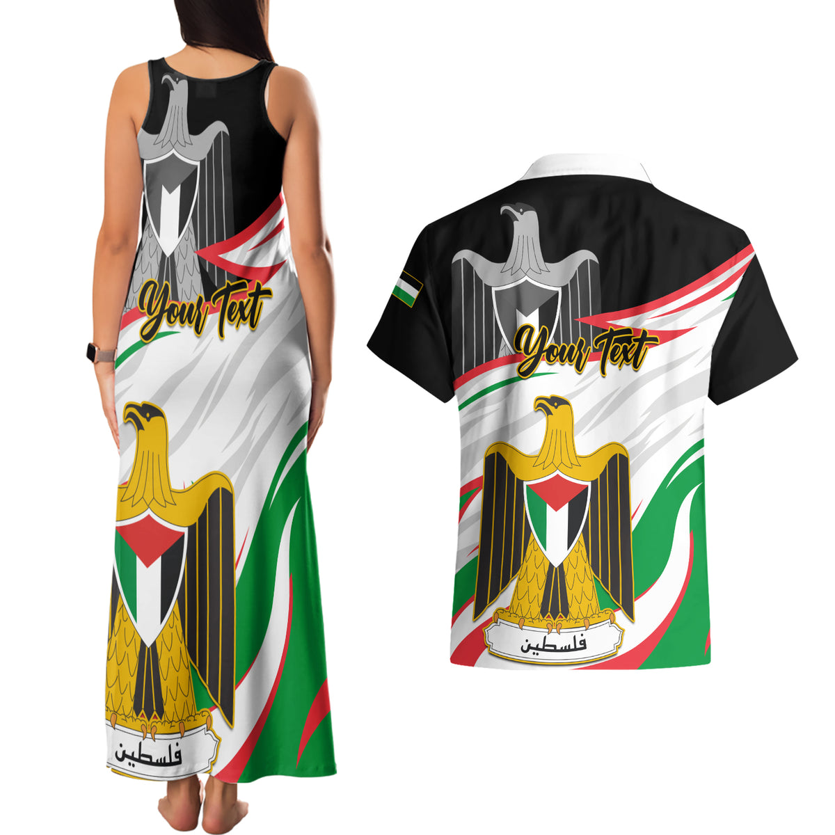 Personalised Palestine Independence Day Couples Matching Tank Maxi Dress and Hawaiian Shirt Palestinian Coat Of Arms Special Version - Wonder Print Shop
