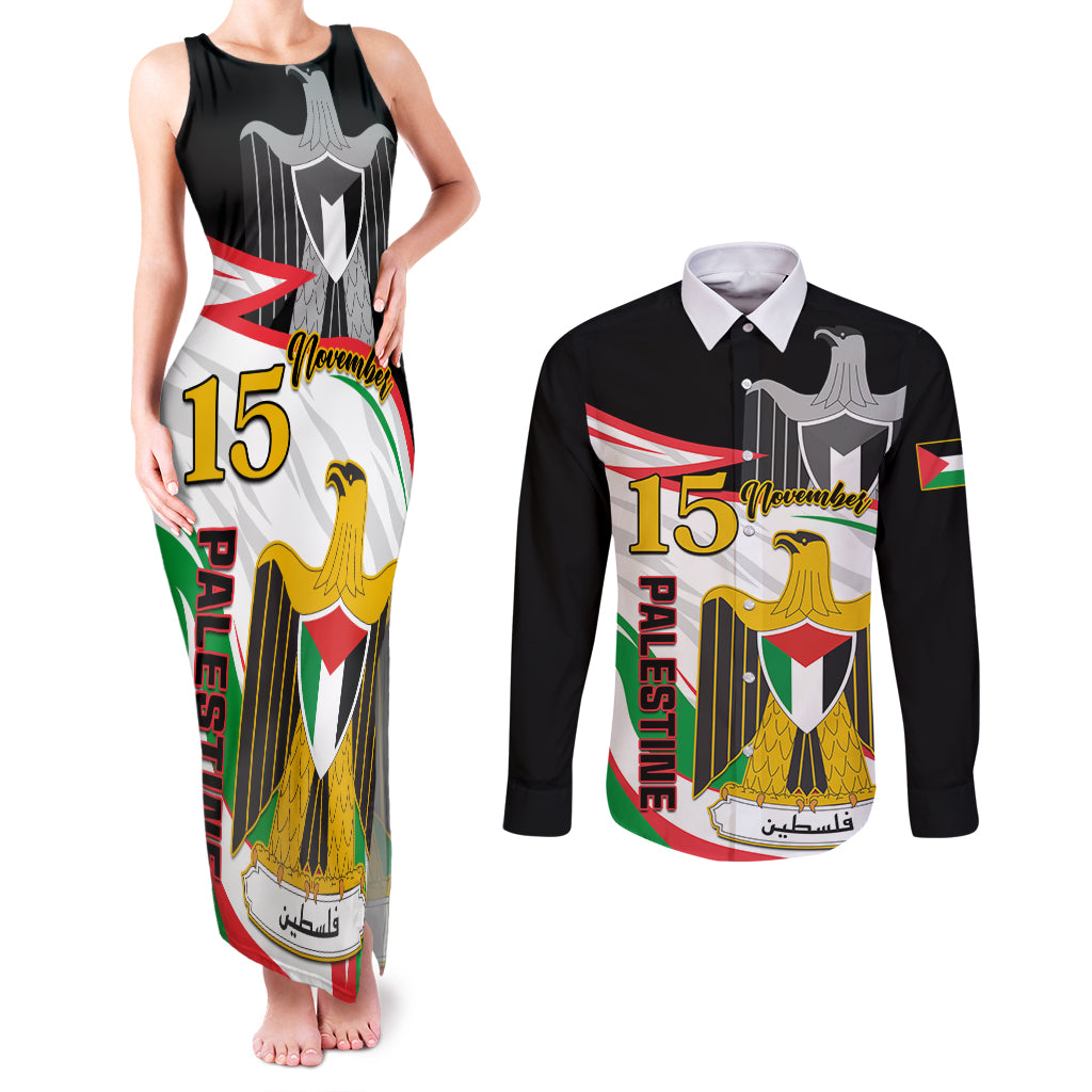 Personalised Palestine Independence Day Couples Matching Tank Maxi Dress and Long Sleeve Button Shirt Palestinian Coat Of Arms Special Version - Wonder Print Shop