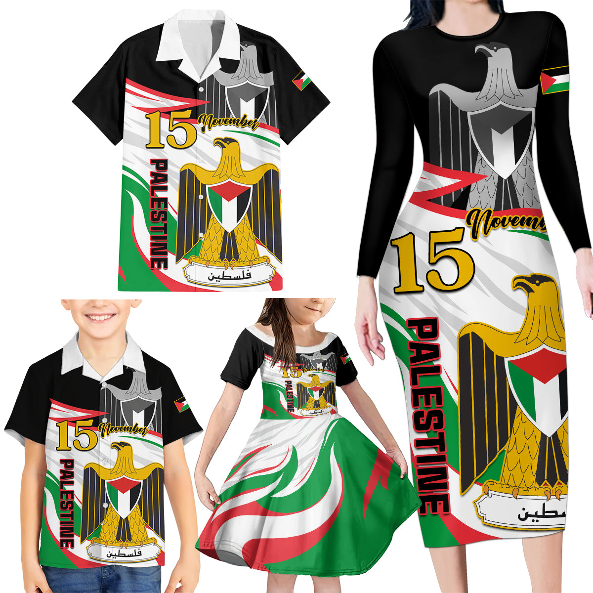 Personalised Palestine Independence Day Family Matching Long Sleeve Bodycon Dress and Hawaiian Shirt Palestinian Coat Of Arms Special Version - Wonder Print Shop