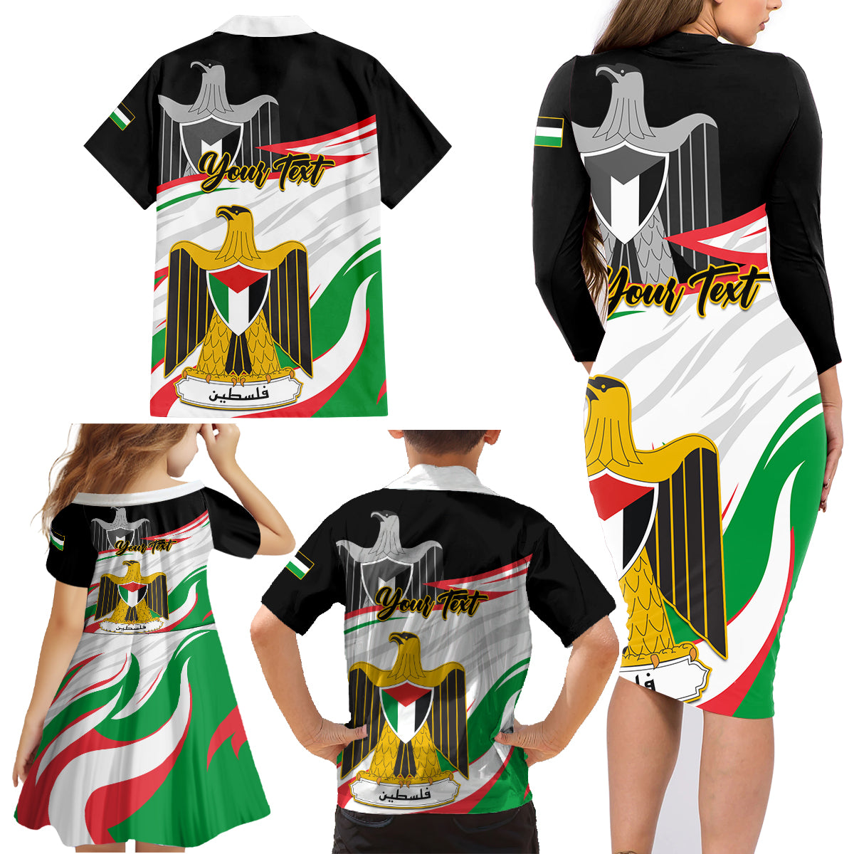 Personalised Palestine Independence Day Family Matching Long Sleeve Bodycon Dress and Hawaiian Shirt Palestinian Coat Of Arms Special Version - Wonder Print Shop