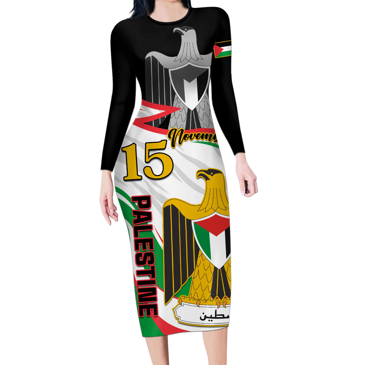 Personalised Palestine Independence Day Family Matching Long Sleeve Bodycon Dress and Hawaiian Shirt Palestinian Coat Of Arms Special Version - Wonder Print Shop