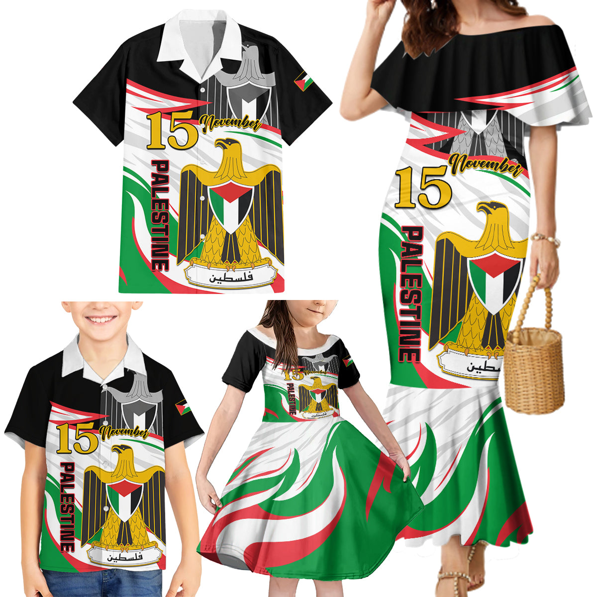 Personalised Palestine Independence Day Family Matching Mermaid Dress and Hawaiian Shirt Palestinian Coat Of Arms Special Version - Wonder Print Shop