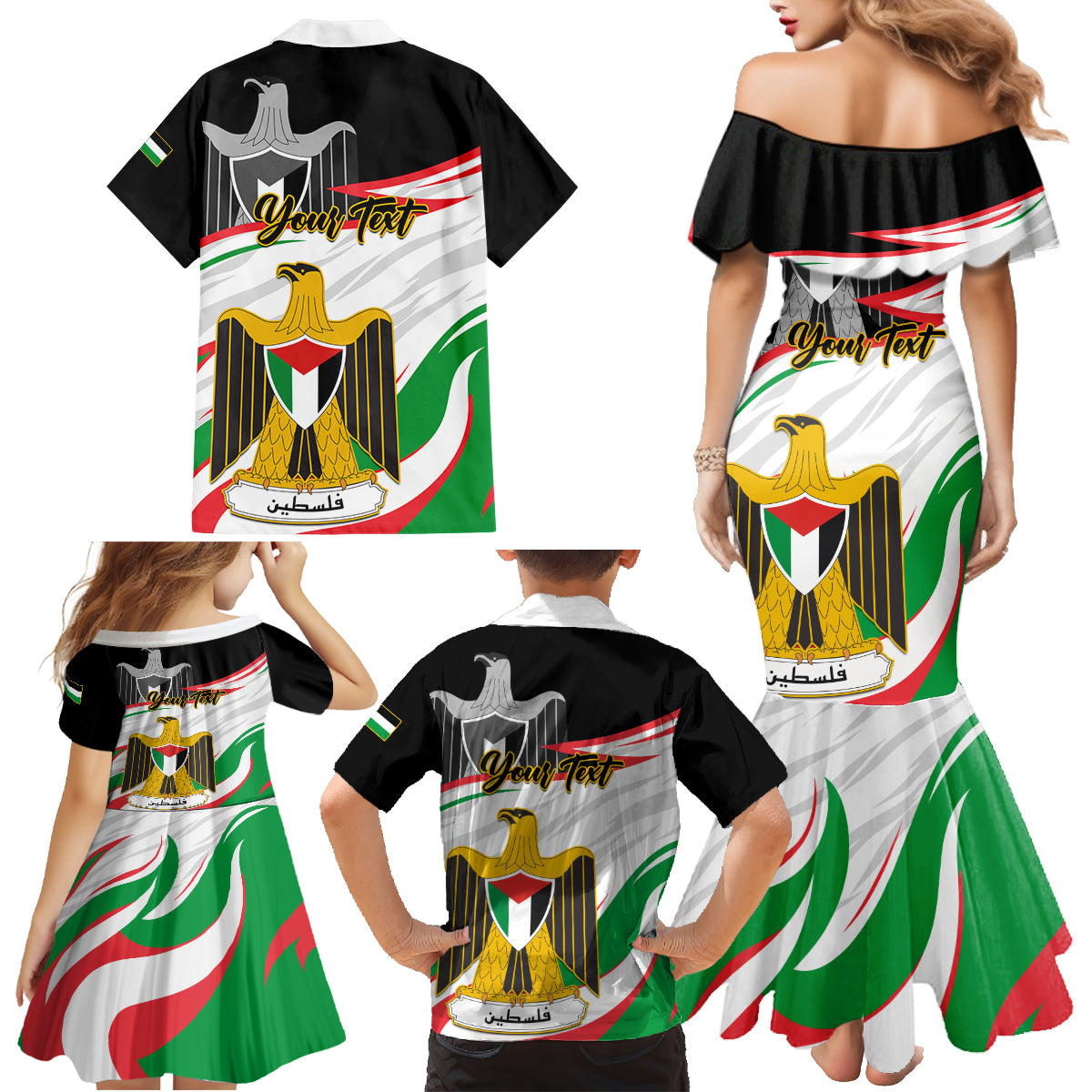 Personalised Palestine Independence Day Family Matching Mermaid Dress and Hawaiian Shirt Palestinian Coat Of Arms Special Version - Wonder Print Shop