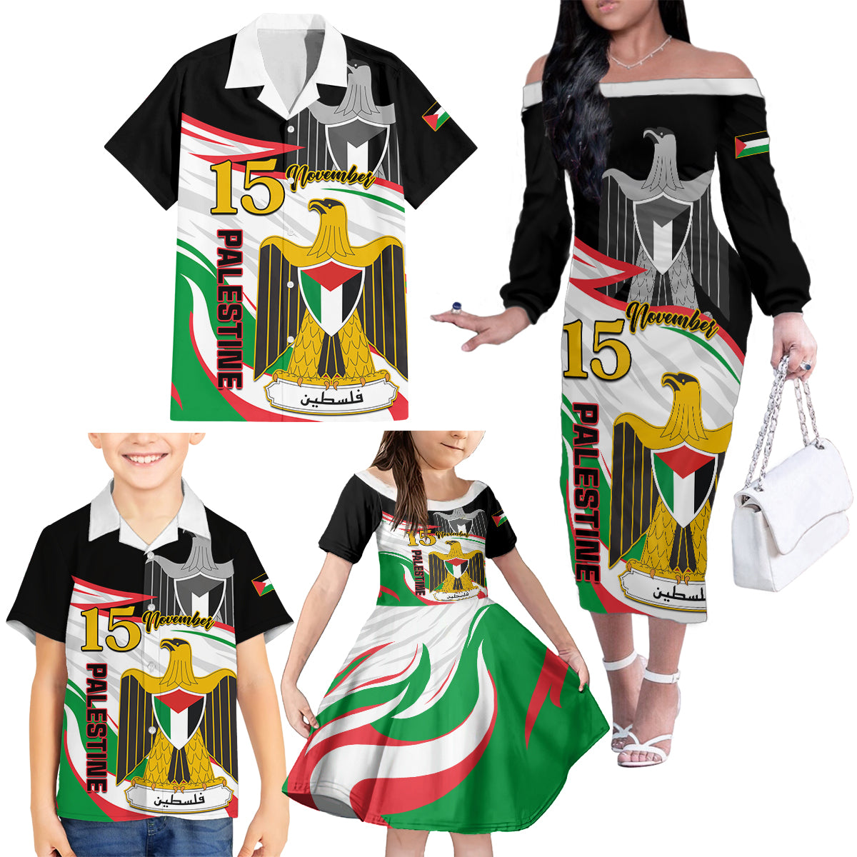 Personalised Palestine Independence Day Family Matching Off Shoulder Long Sleeve Dress and Hawaiian Shirt Palestinian Coat Of Arms Special Version - Wonder Print Shop