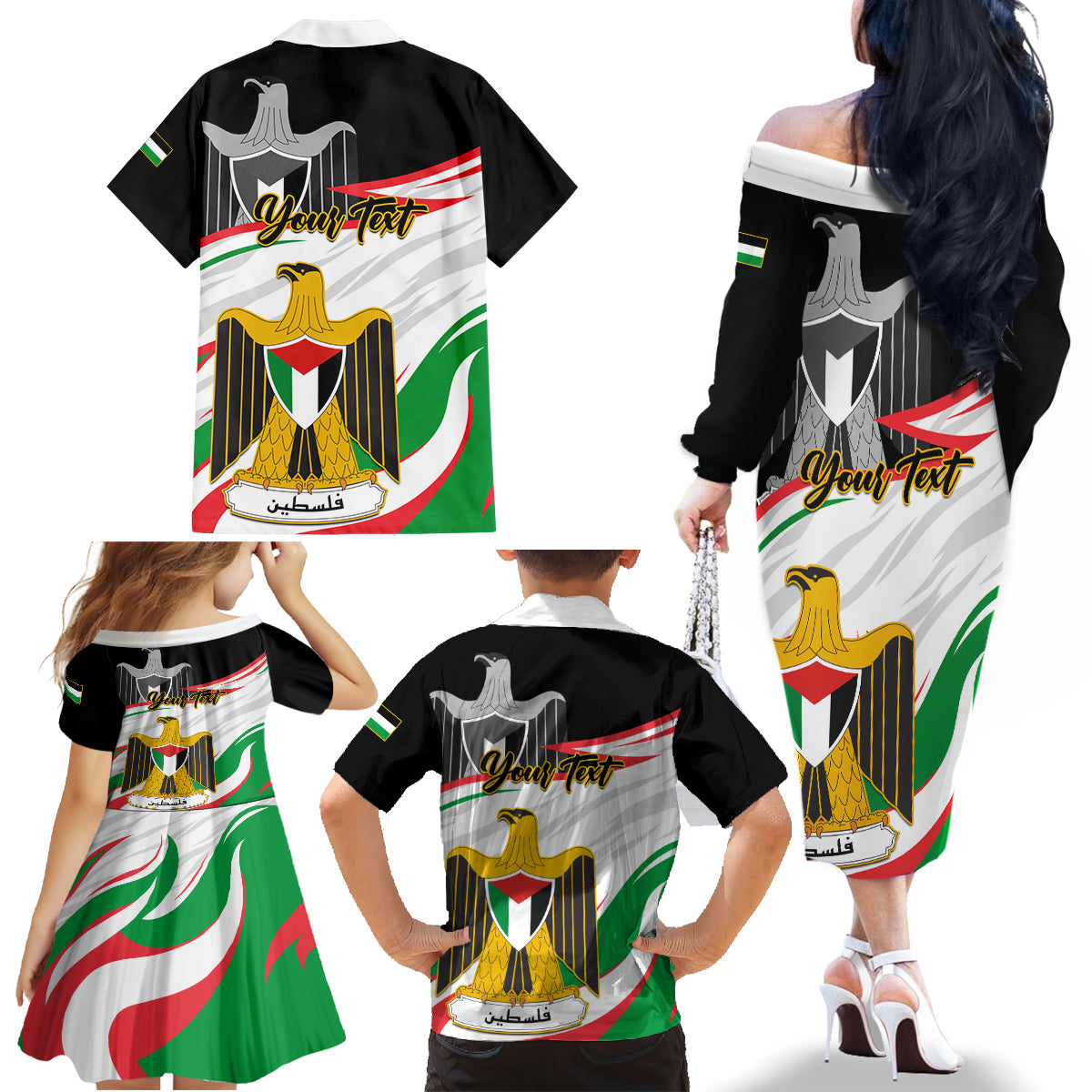 Personalised Palestine Independence Day Family Matching Off Shoulder Long Sleeve Dress and Hawaiian Shirt Palestinian Coat Of Arms Special Version - Wonder Print Shop
