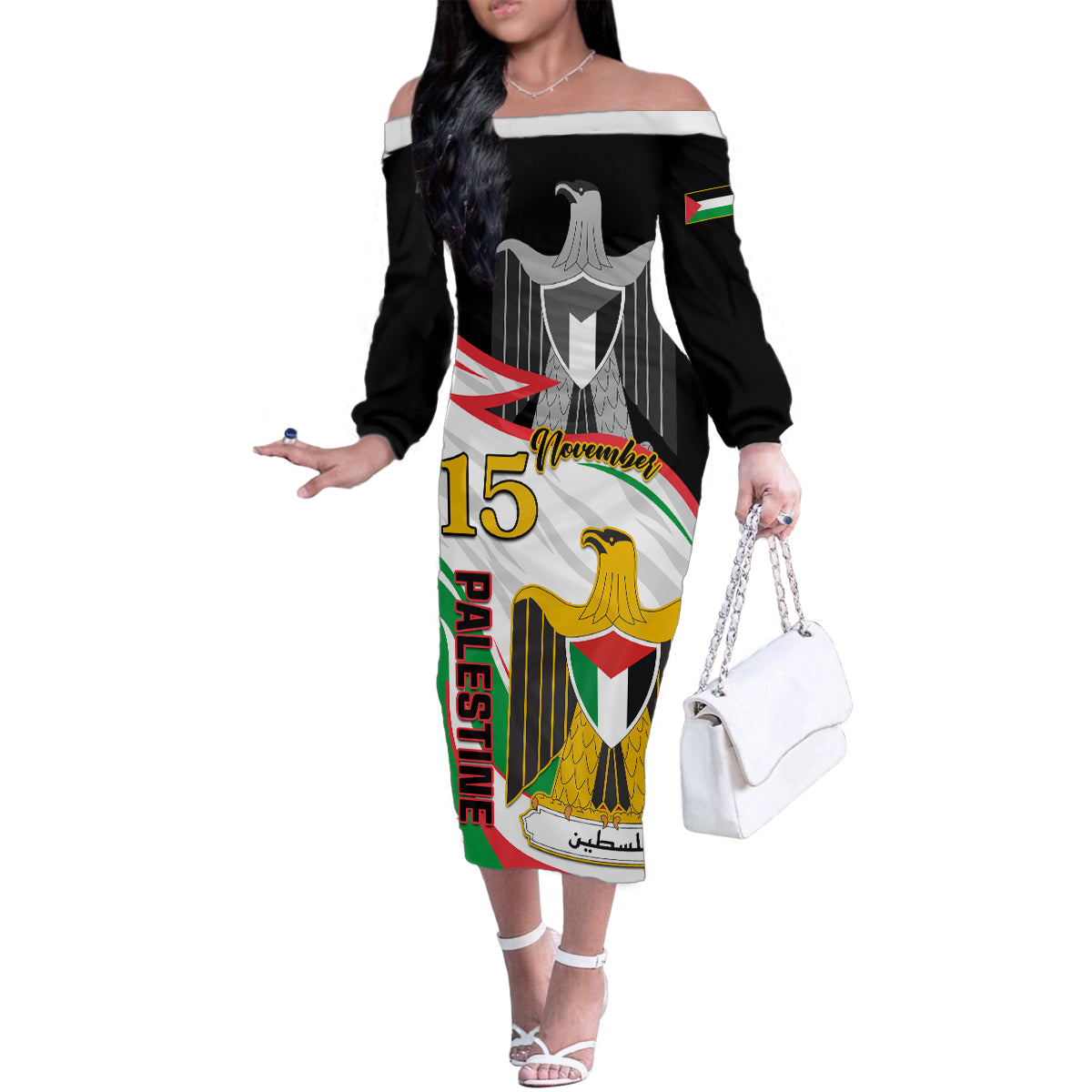 Personalised Palestine Independence Day Family Matching Off Shoulder Long Sleeve Dress and Hawaiian Shirt Palestinian Coat Of Arms Special Version - Wonder Print Shop