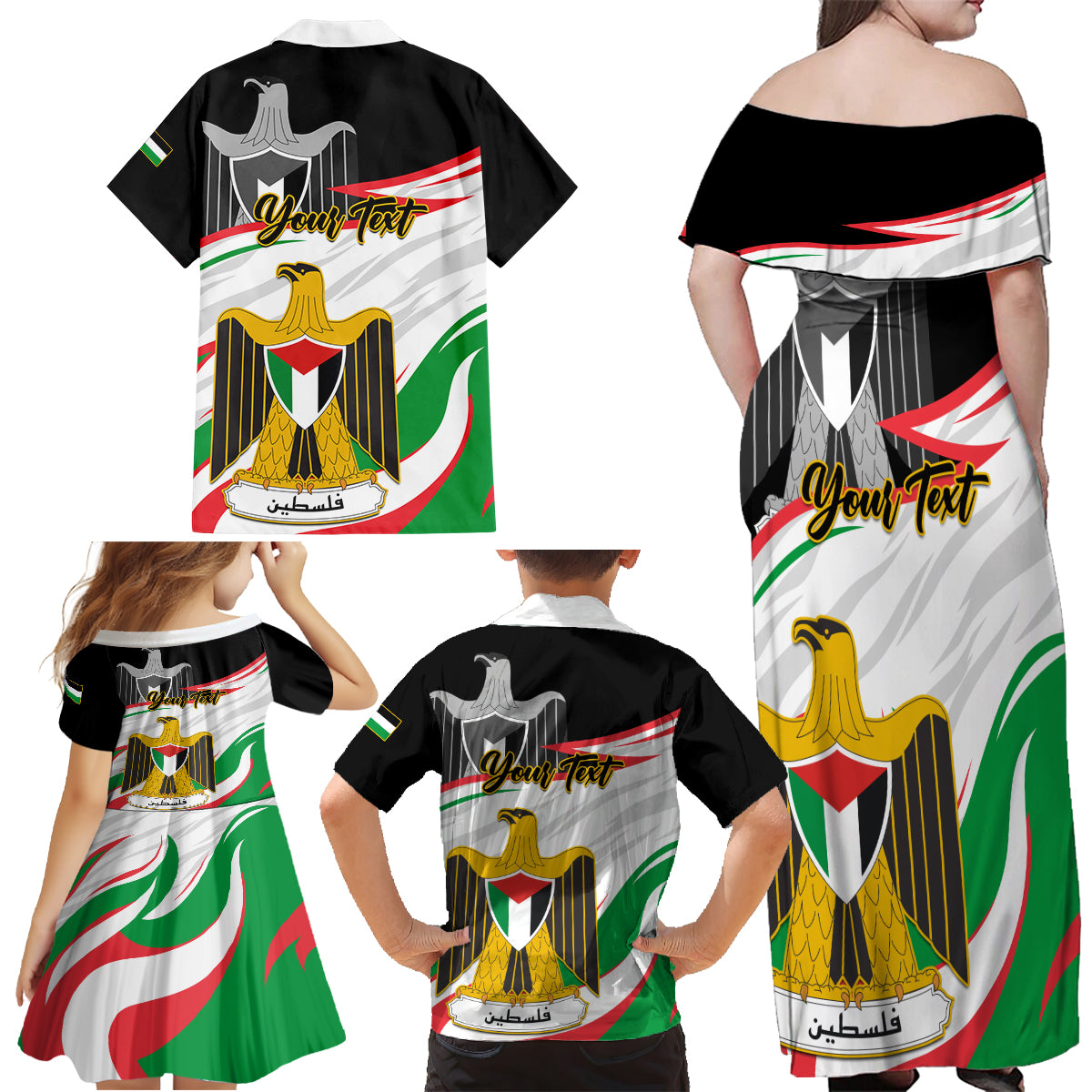 Personalised Palestine Independence Day Family Matching Off Shoulder Maxi Dress and Hawaiian Shirt Palestinian Coat Of Arms Special Version - Wonder Print Shop