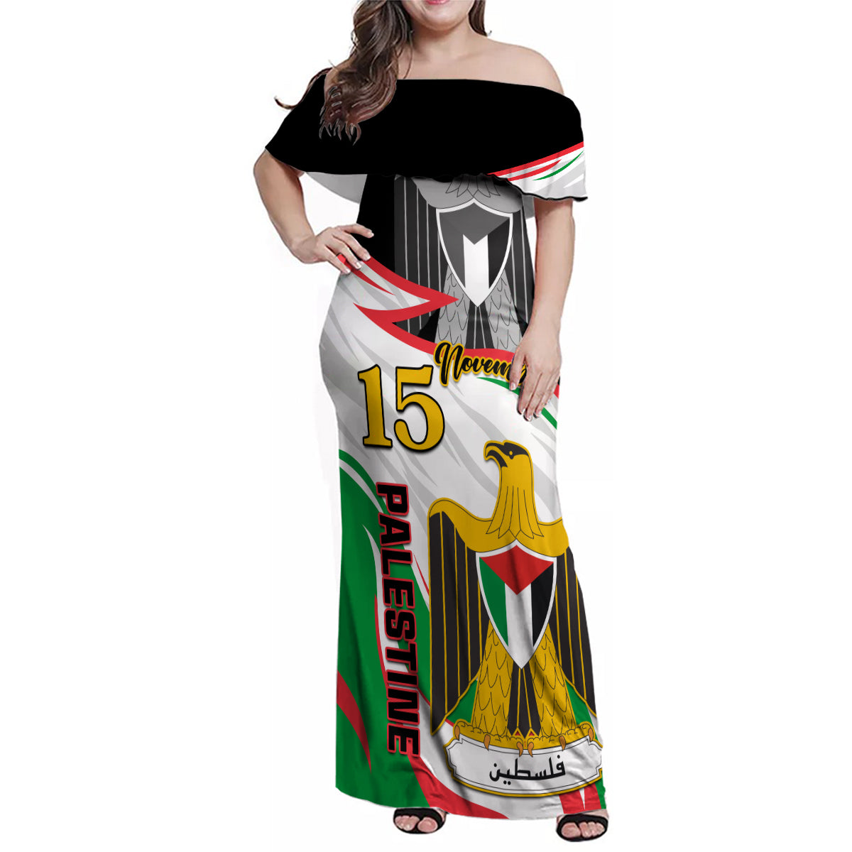Personalised Palestine Independence Day Family Matching Off Shoulder Maxi Dress and Hawaiian Shirt Palestinian Coat Of Arms Special Version - Wonder Print Shop