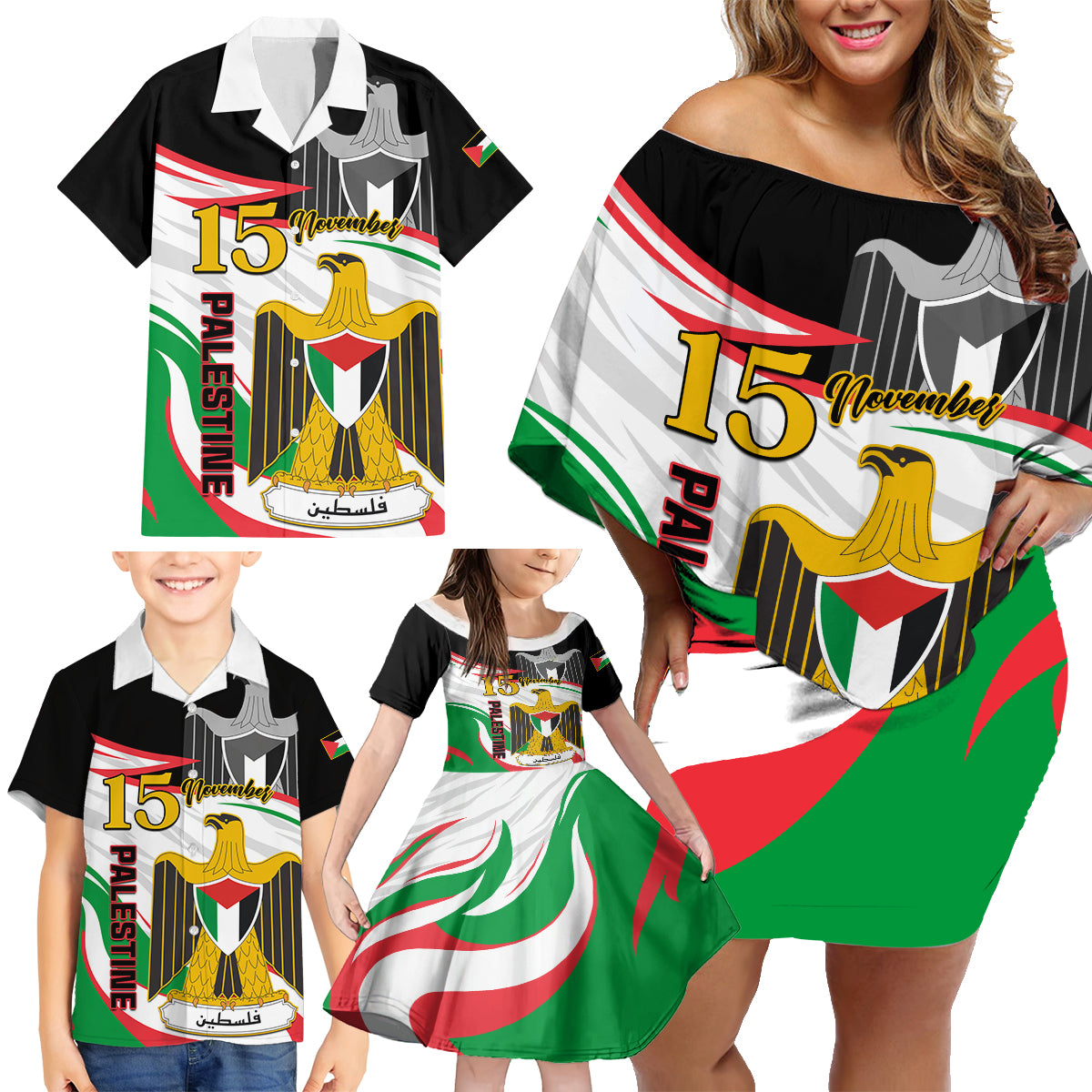 Personalised Palestine Independence Day Family Matching Off Shoulder Short Dress and Hawaiian Shirt Palestinian Coat Of Arms Special Version - Wonder Print Shop