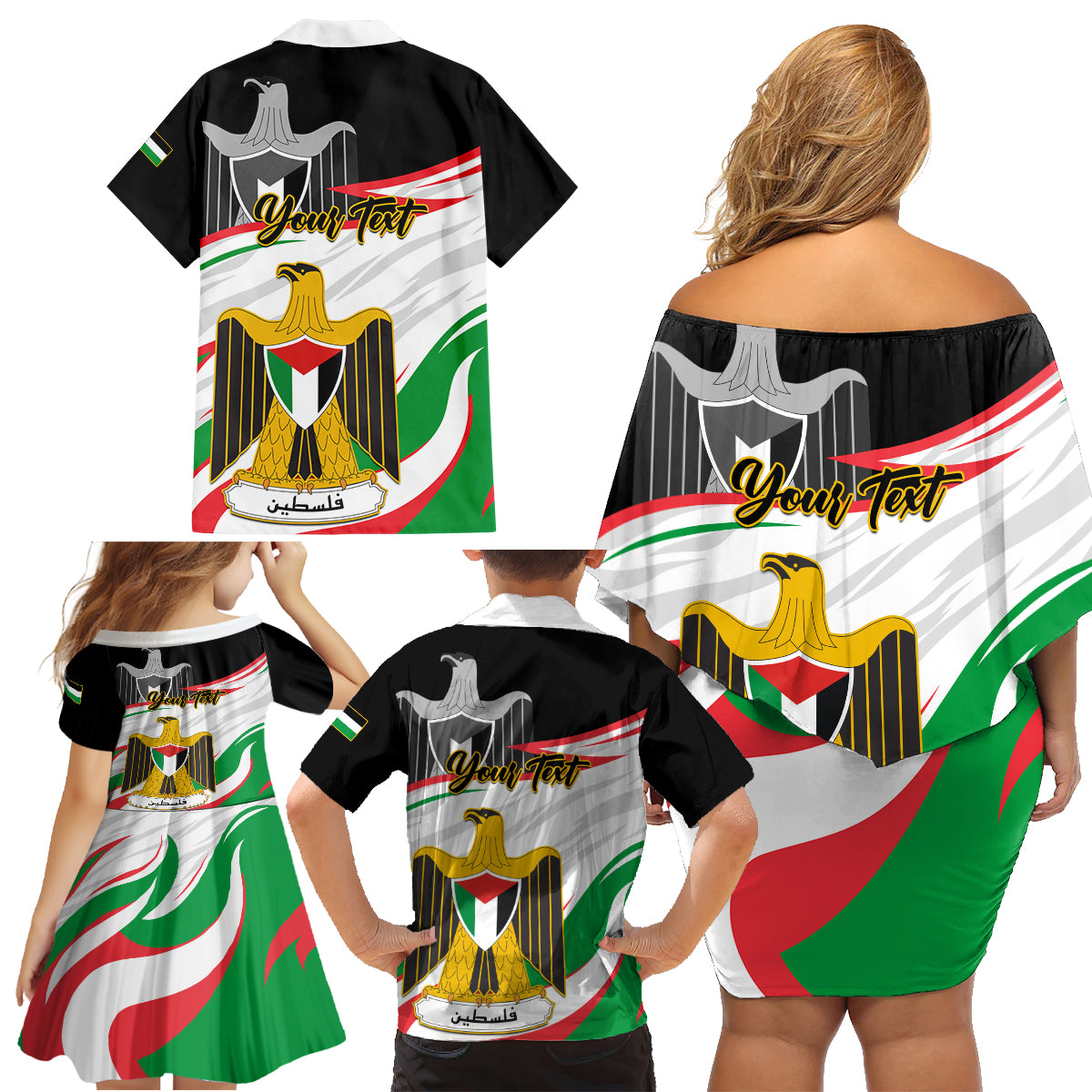 Personalised Palestine Independence Day Family Matching Off Shoulder Short Dress and Hawaiian Shirt Palestinian Coat Of Arms Special Version - Wonder Print Shop
