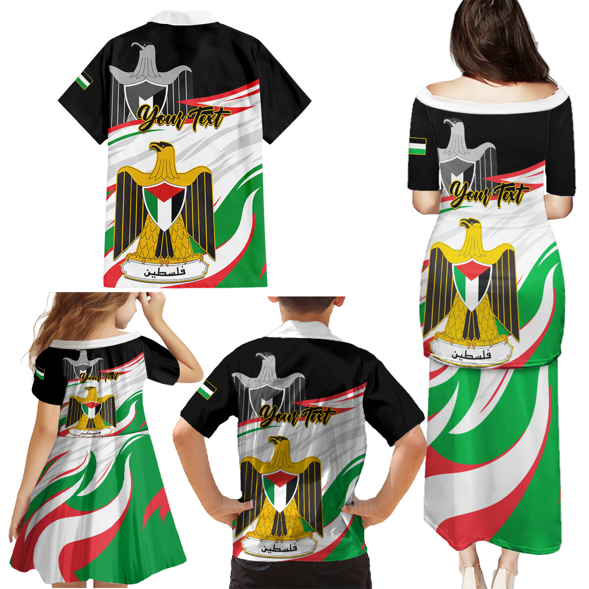 Personalised Palestine Independence Day Family Matching Puletasi Dress and Hawaiian Shirt Palestinian Coat Of Arms Special Version - Wonder Print Shop