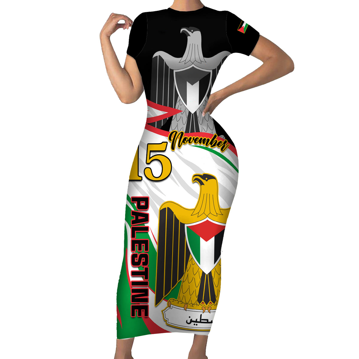 Personalised Palestine Independence Day Family Matching Short Sleeve Bodycon Dress and Hawaiian Shirt Palestinian Coat Of Arms Special Version - Wonder Print Shop