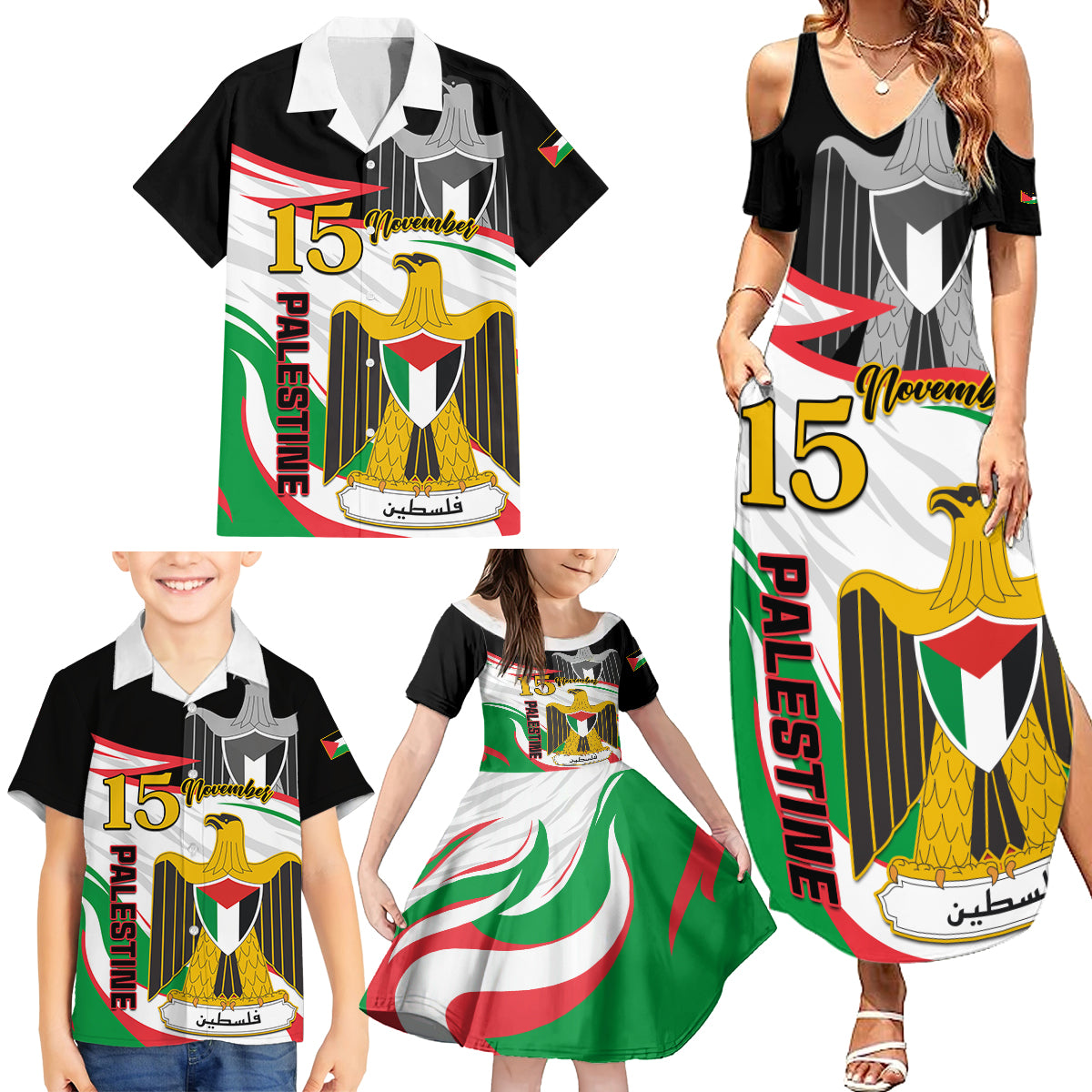 Personalised Palestine Independence Day Family Matching Summer Maxi Dress and Hawaiian Shirt Palestinian Coat Of Arms Special Version - Wonder Print Shop
