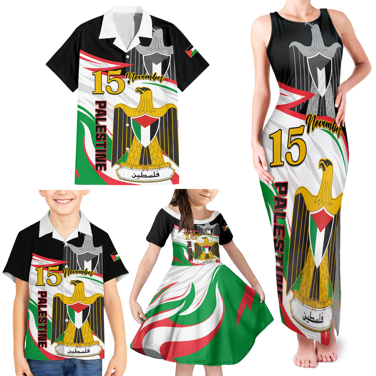 Personalised Palestine Independence Day Family Matching Tank Maxi Dress and Hawaiian Shirt Palestinian Coat Of Arms Special Version - Wonder Print Shop