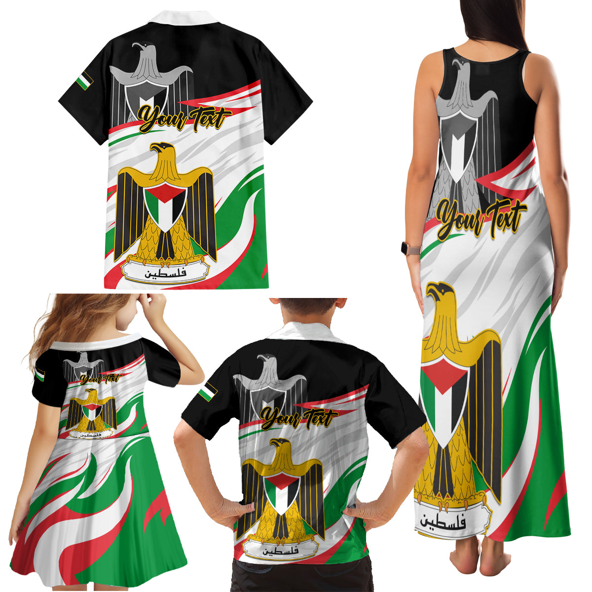 Personalised Palestine Independence Day Family Matching Tank Maxi Dress and Hawaiian Shirt Palestinian Coat Of Arms Special Version - Wonder Print Shop