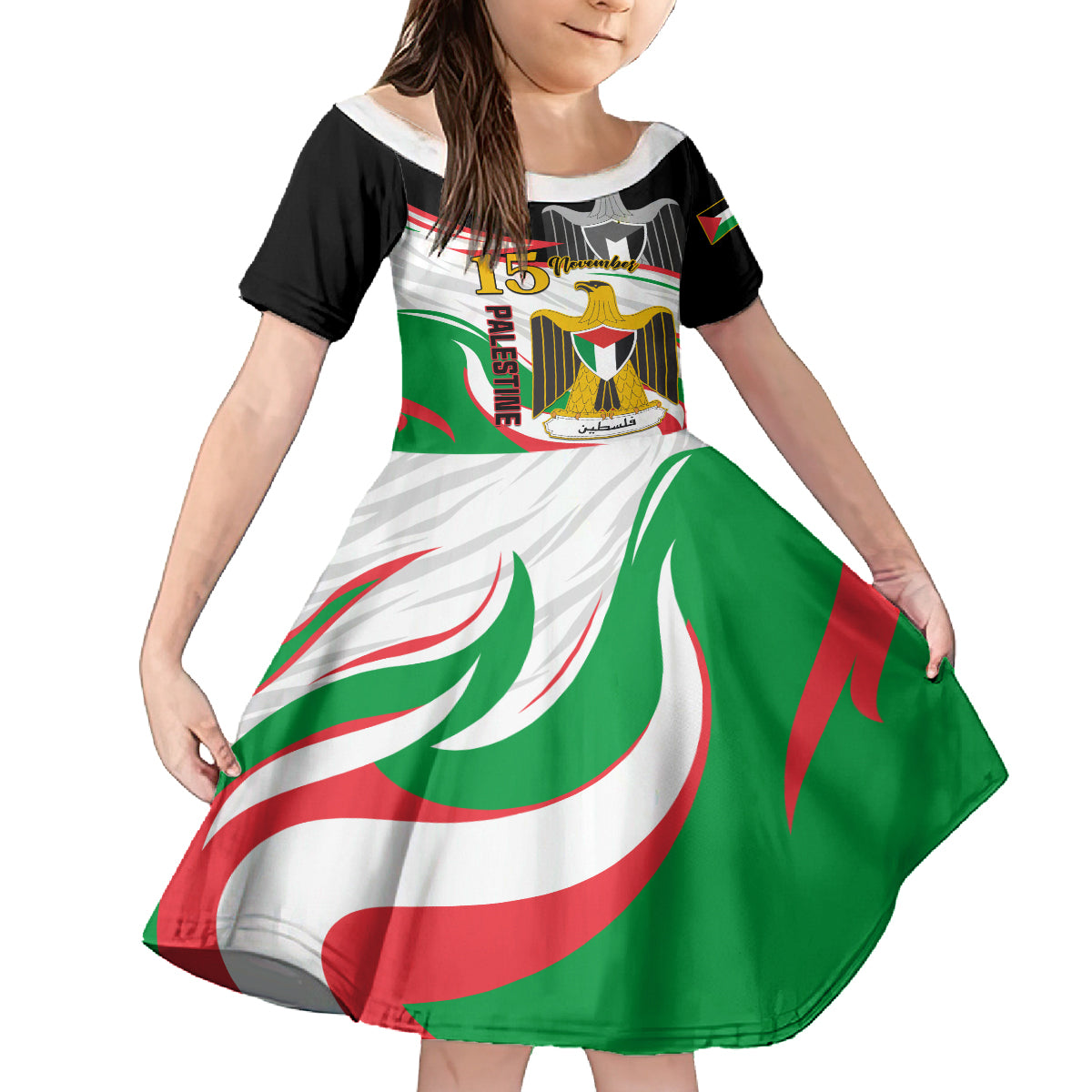 Personalised Palestine Independence Day Kid Short Sleeve Dress Palestinian Coat Of Arms Special Version - Wonder Print Shop