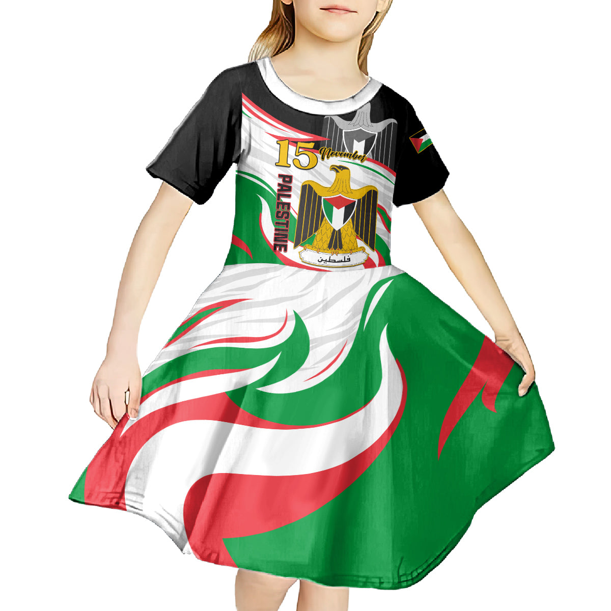 Personalised Palestine Independence Day Kid Short Sleeve Dress Palestinian Coat Of Arms Special Version - Wonder Print Shop
