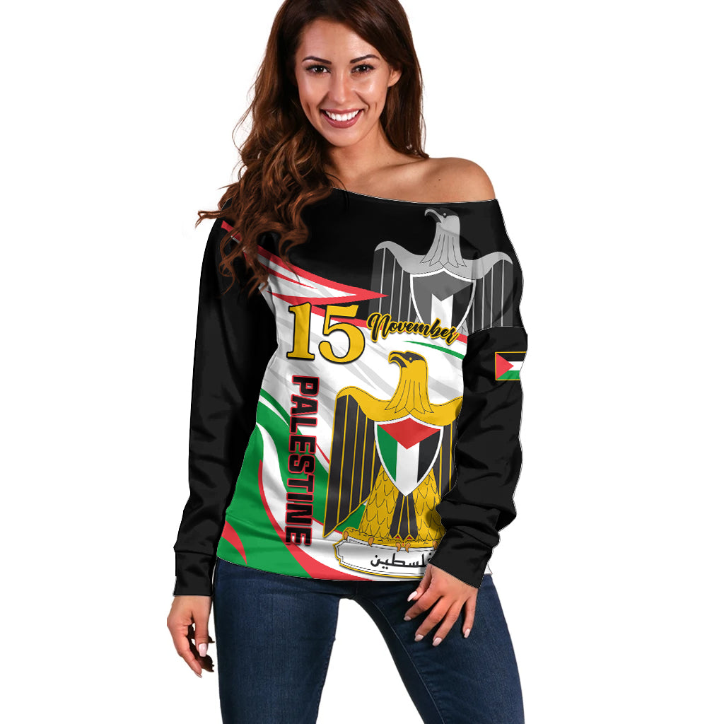 Personalised Palestine Independence Day Off Shoulder Sweater Palestinian Coat Of Arms Special Version - Wonder Print Shop