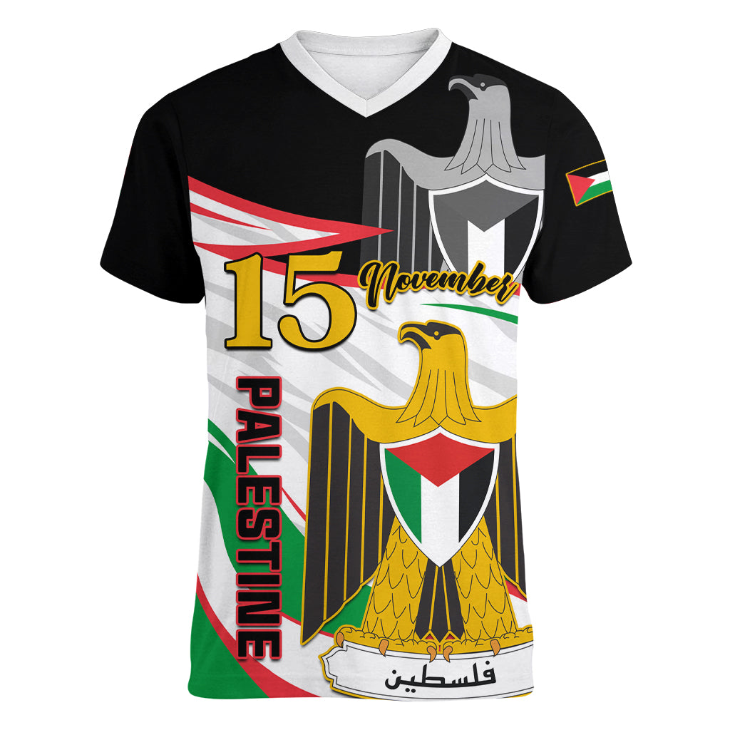 Personalised Palestine Independence Day Women V Neck T Shirt Palestinian Coat Of Arms Special Version - Wonder Print Shop