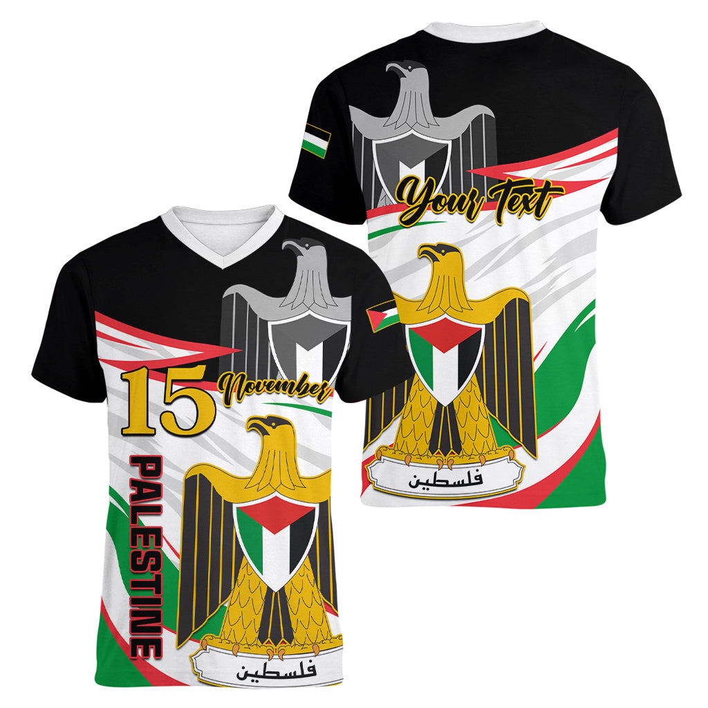 Personalised Palestine Independence Day Women V Neck T Shirt Palestinian Coat Of Arms Special Version - Wonder Print Shop