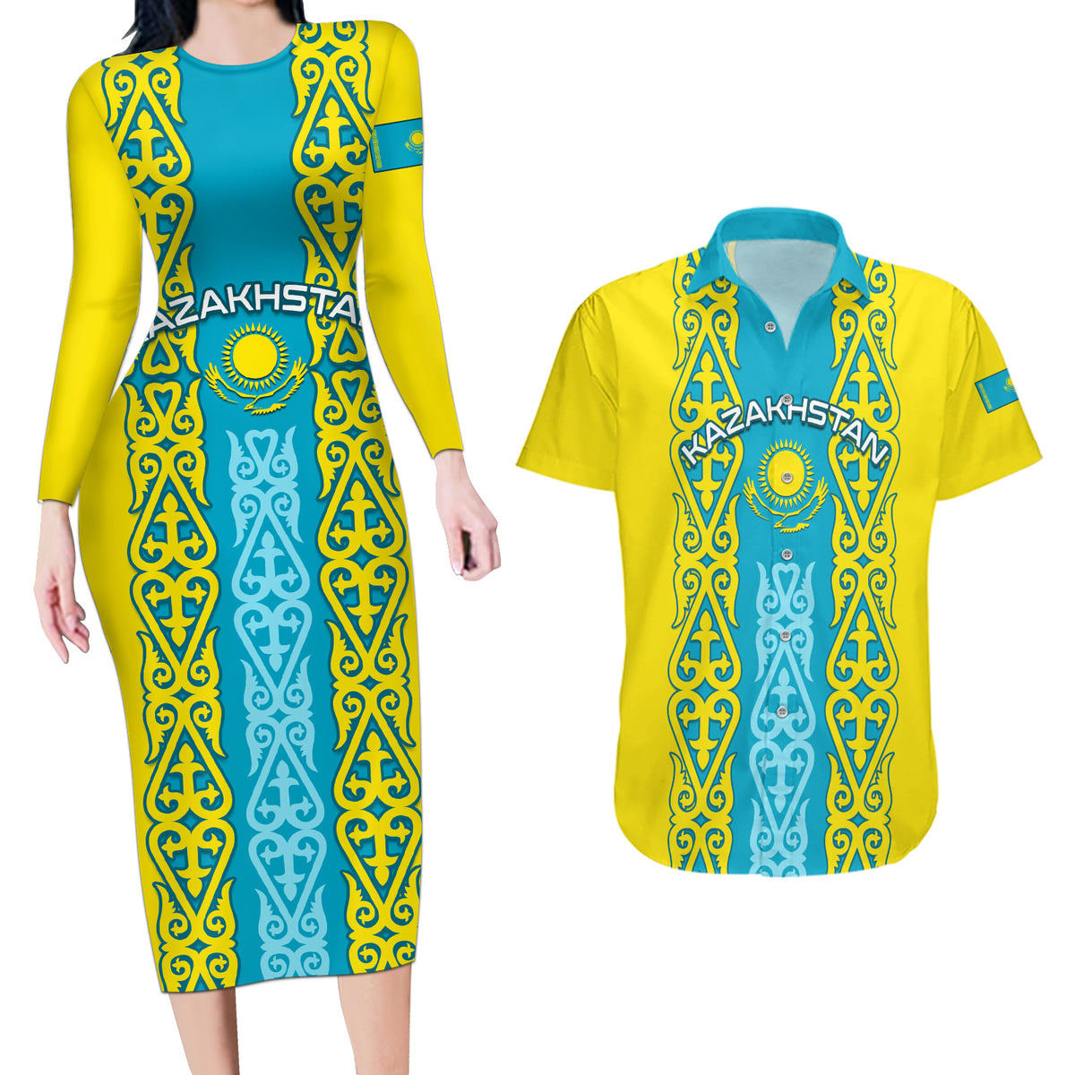 Personalised Kazakhstan Independence Day Couples Matching Long Sleeve Bodycon Dress and Hawaiian Shirt Kazakhstanian Coat Of Arms Special Version - Wonder Print Shop