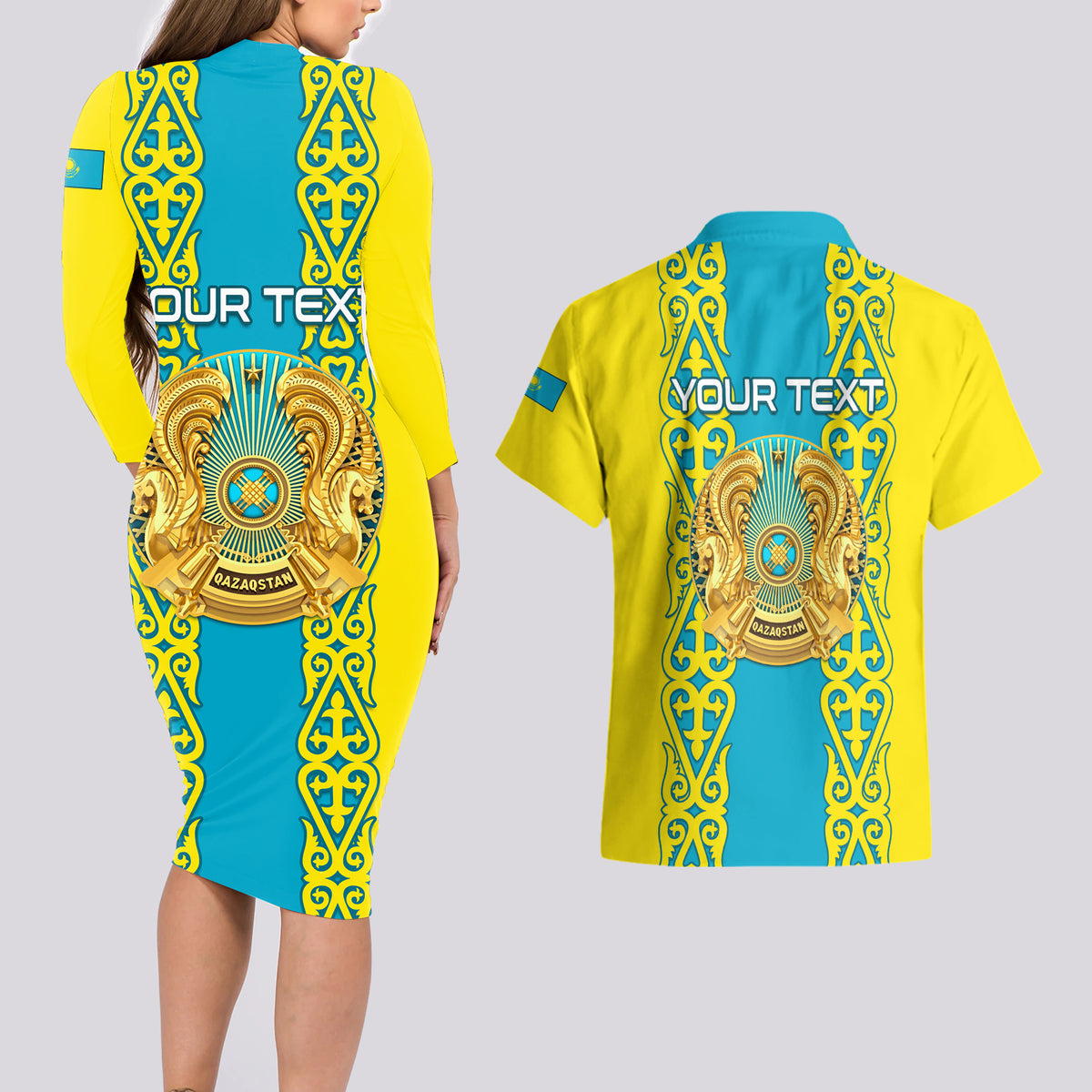 Personalised Kazakhstan Independence Day Couples Matching Long Sleeve Bodycon Dress and Hawaiian Shirt Kazakhstanian Coat Of Arms Special Version - Wonder Print Shop