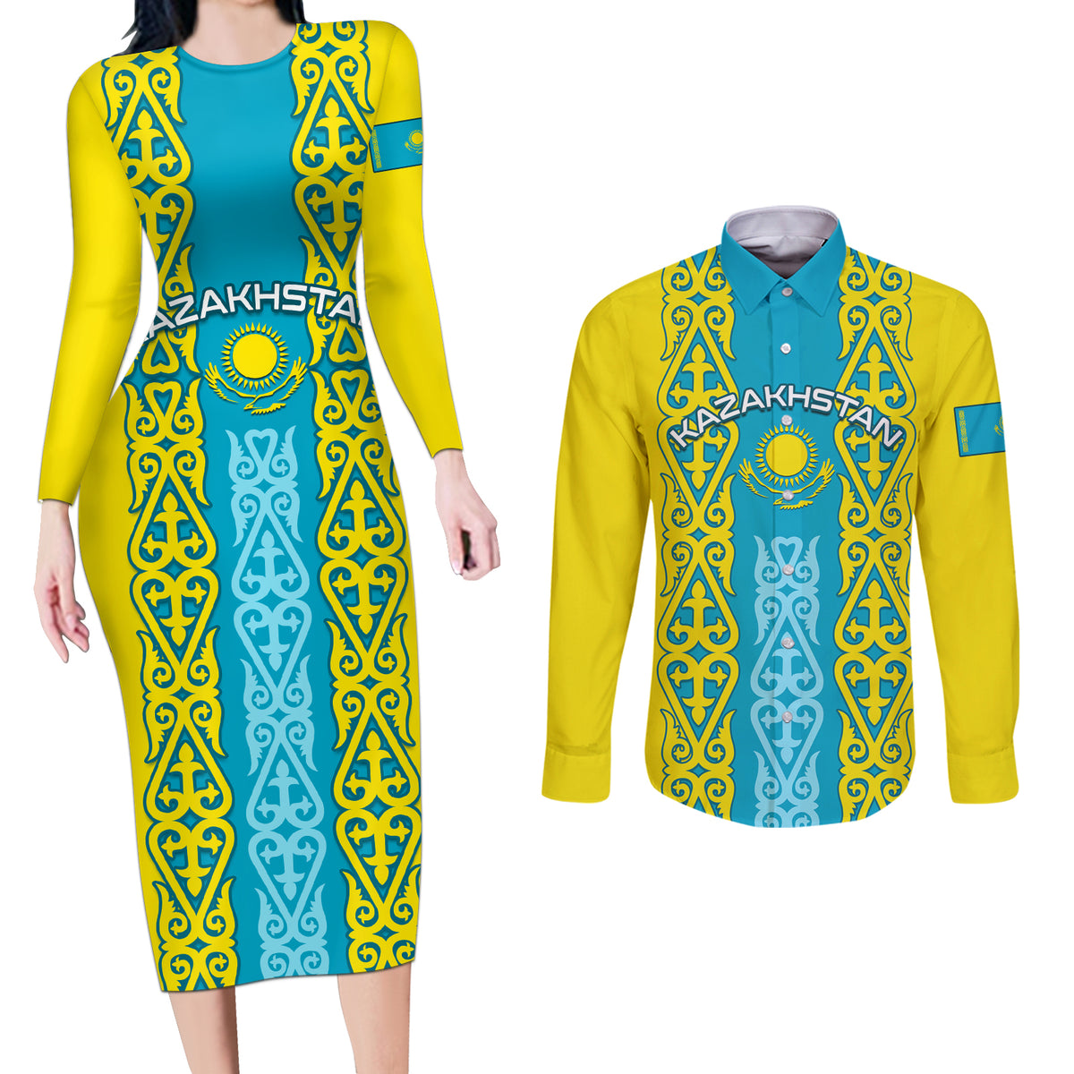 Personalised Kazakhstan Independence Day Couples Matching Long Sleeve Bodycon Dress and Long Sleeve Button Shirt Kazakhstanian Coat Of Arms Special Version - Wonder Print Shop