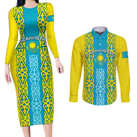 Personalised Kazakhstan Independence Day Couples Matching Long Sleeve Bodycon Dress and Long Sleeve Button Shirt Kazakhstanian Coat Of Arms Special Version - Wonder Print Shop