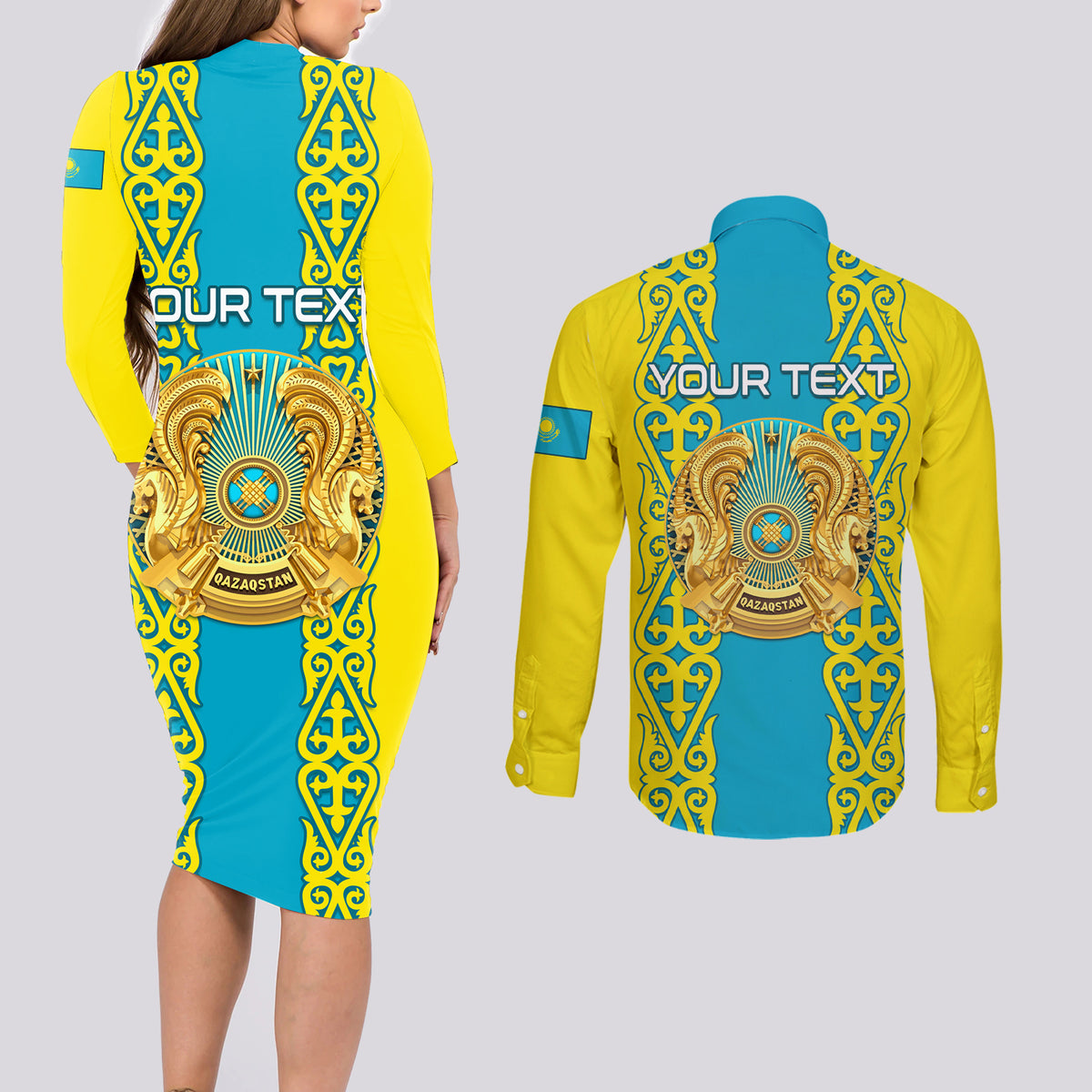 Personalised Kazakhstan Independence Day Couples Matching Long Sleeve Bodycon Dress and Long Sleeve Button Shirt Kazakhstanian Coat Of Arms Special Version - Wonder Print Shop